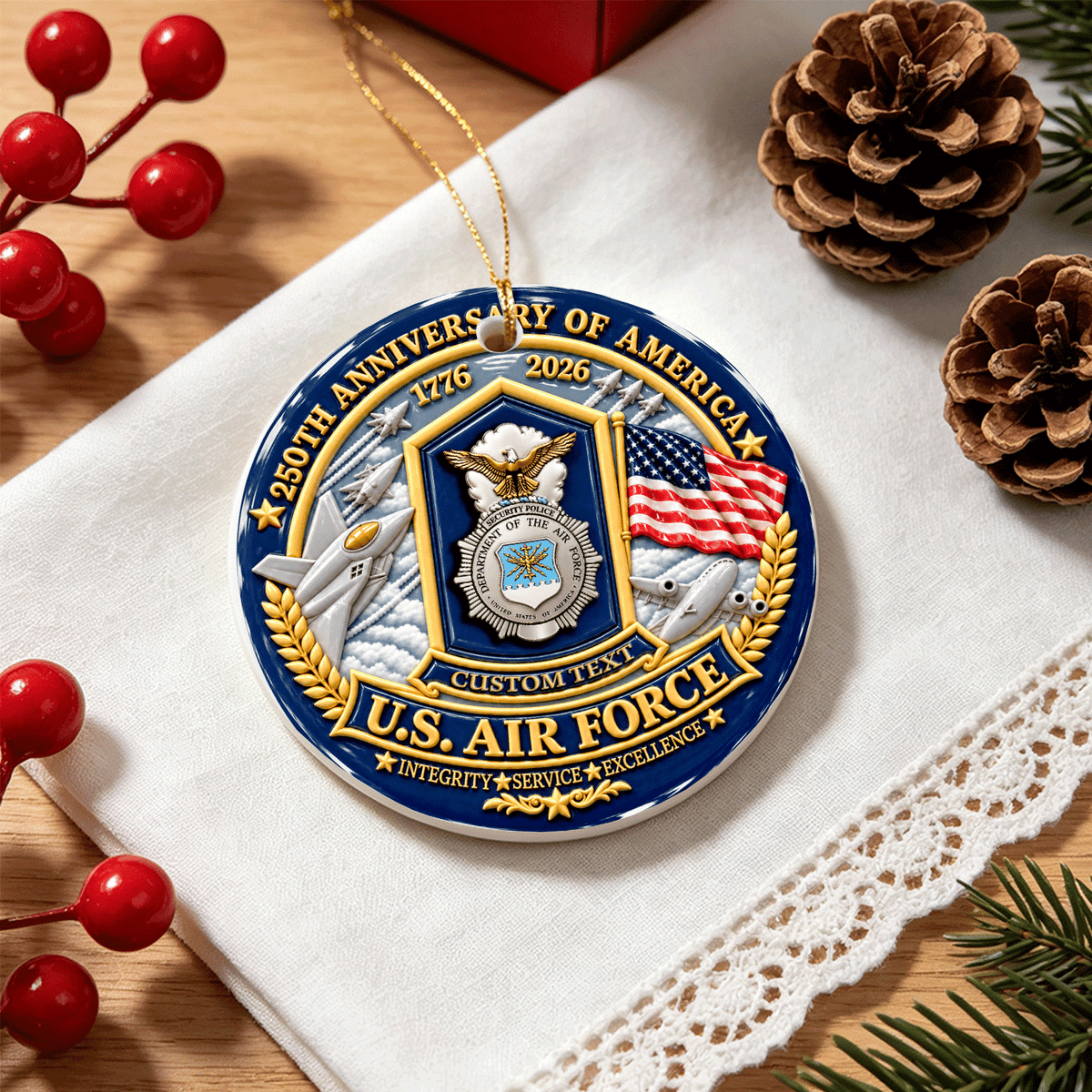 Personalized U.S. Air Force 3D Relief Ceramic Ornament Custom Rank and Text