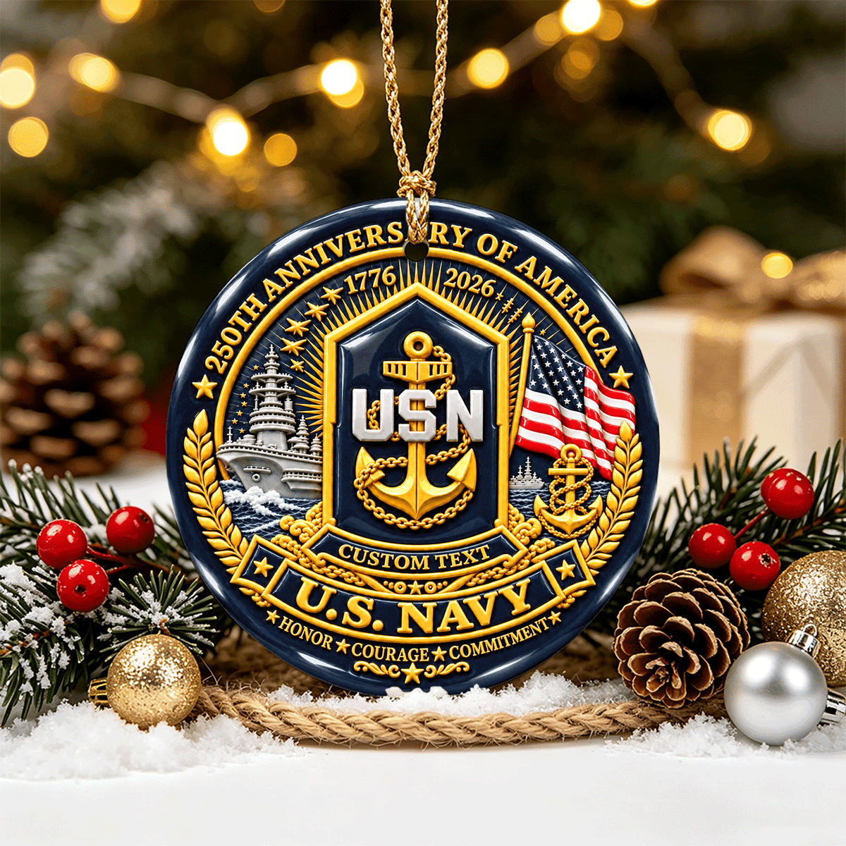Personalized U.S. Navy 3D Relief Ceramic Ornament Custom Rank and Text