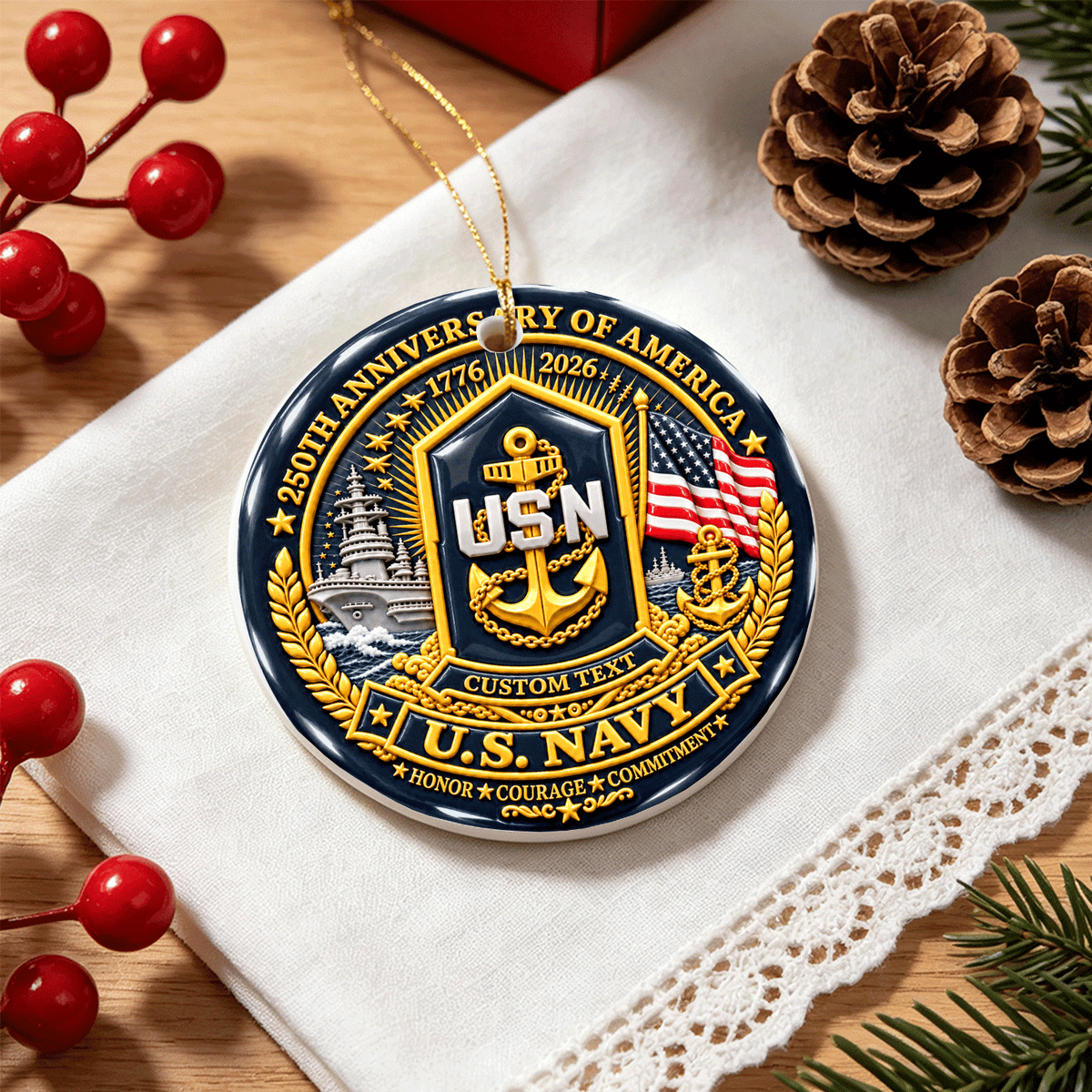 Personalized U.S. Navy 3D Relief Ceramic Ornament Custom Rank and Text