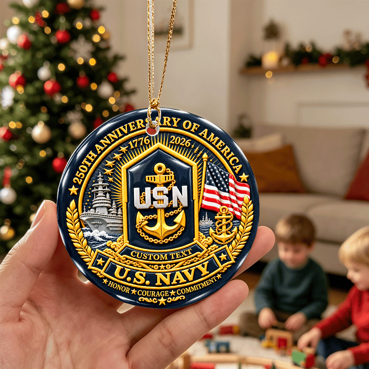 Personalized U.S. Navy 3D Relief Ceramic Ornament Custom Rank and Text