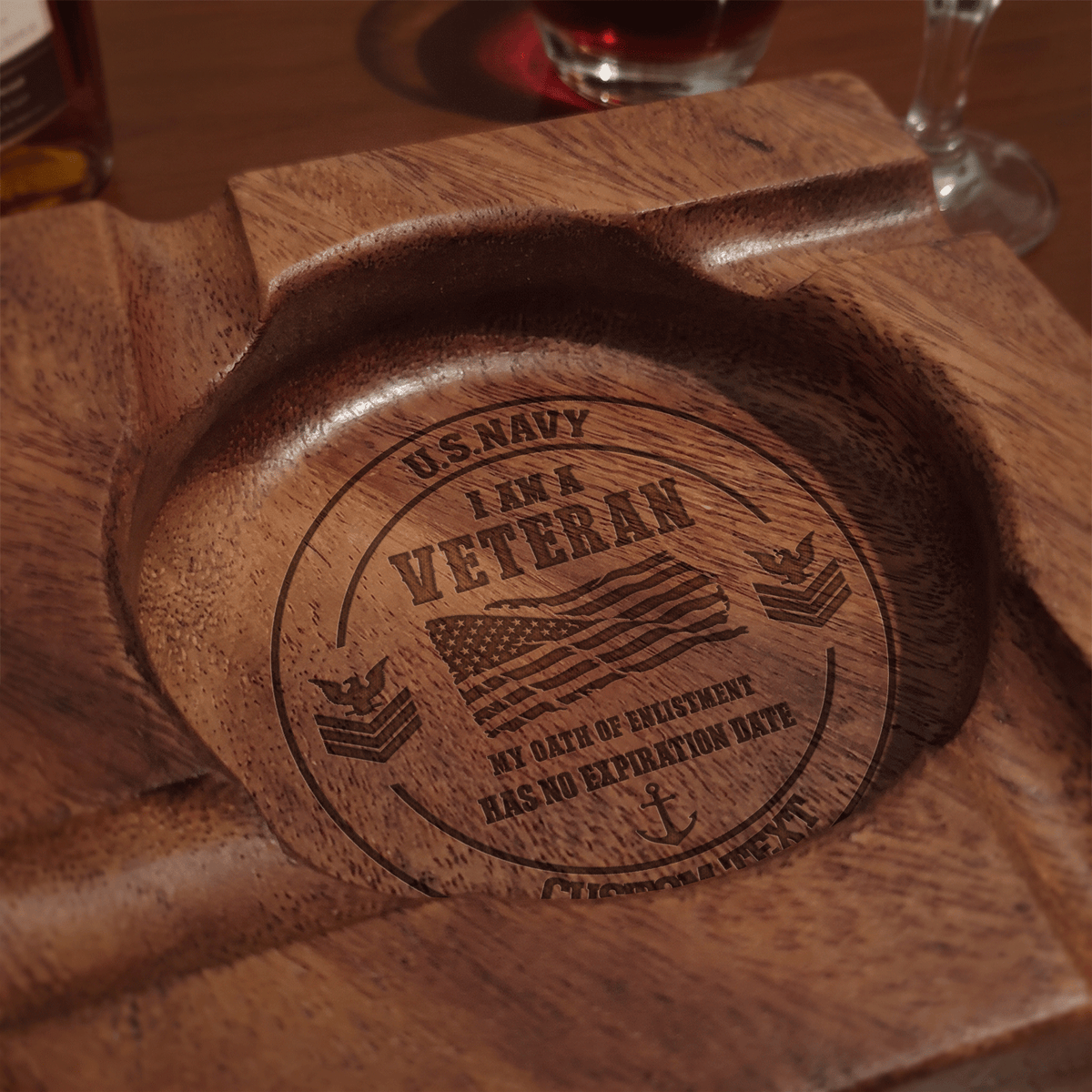 U.S. Navy Personalized Walnut Ashtray Custom Military Rank and Text