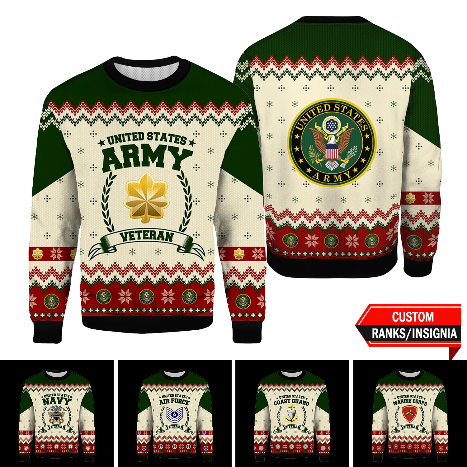 Custom 3D All Over Prints Ugly Sweater, US Veteran Military Ranks/Insignia