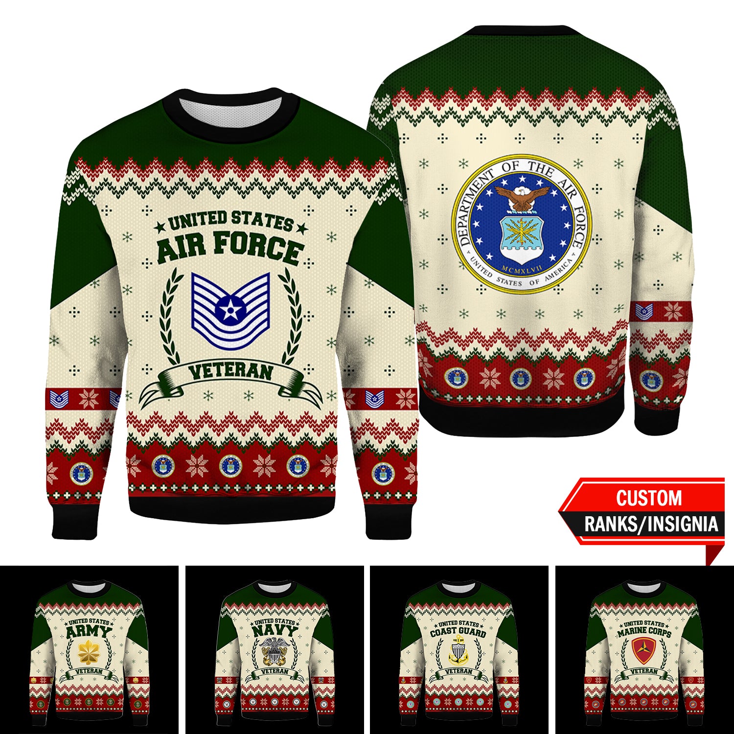 Custom 3D All Over Prints Ugly Sweater, US Veteran Military Ranks/Insignia