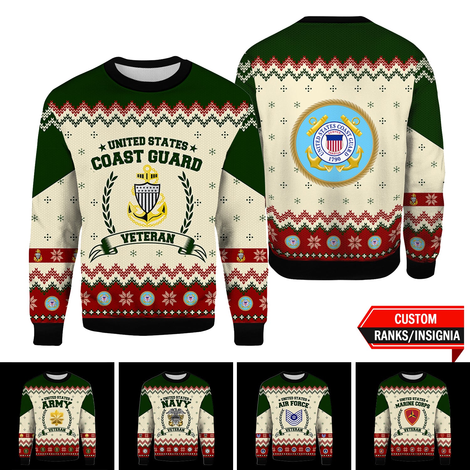 Custom 3D All Over Prints Ugly Sweater, US Veteran Military Ranks/Insignia