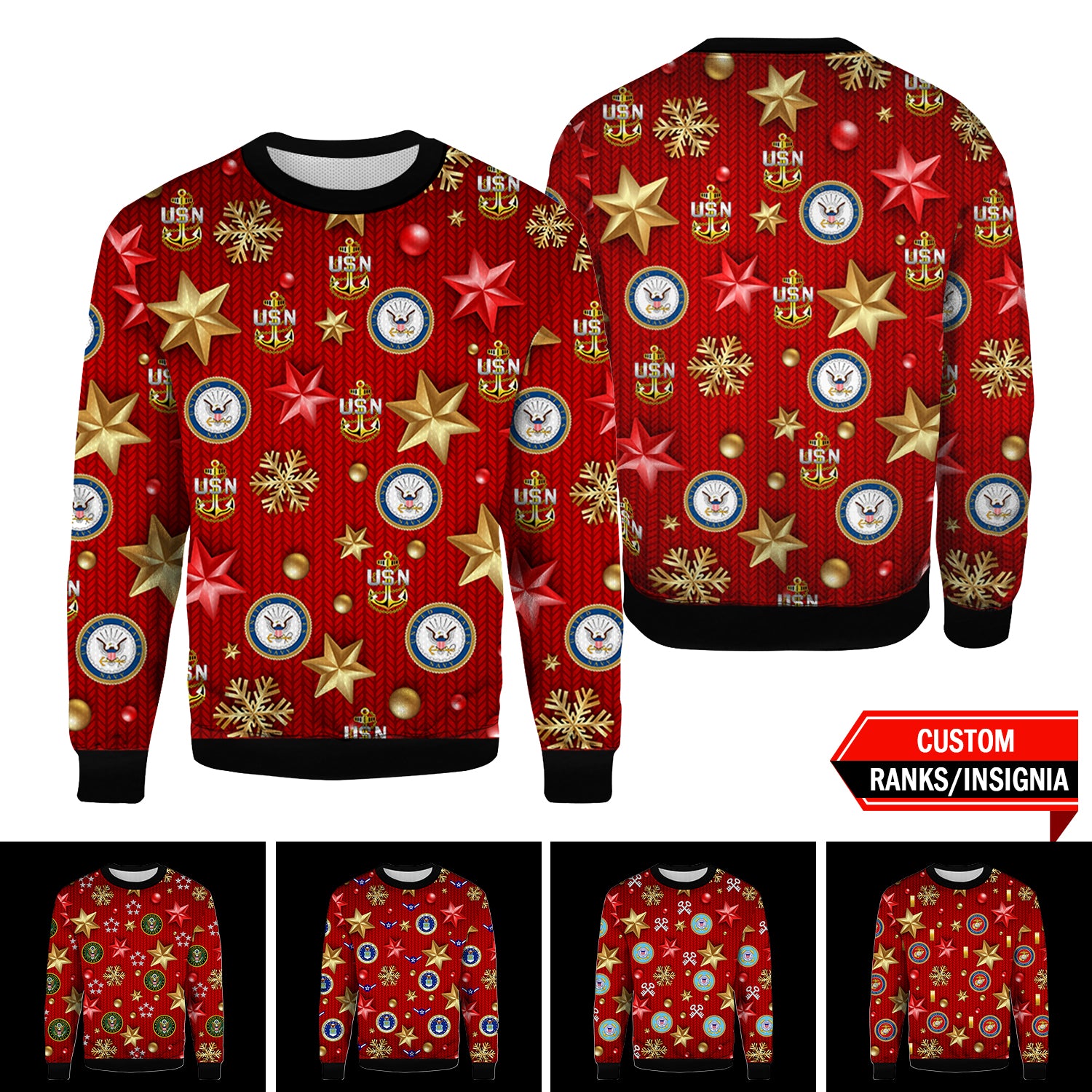 Custom US Military Ranks/Insignia 3D Xmas Star Ugly Sweater