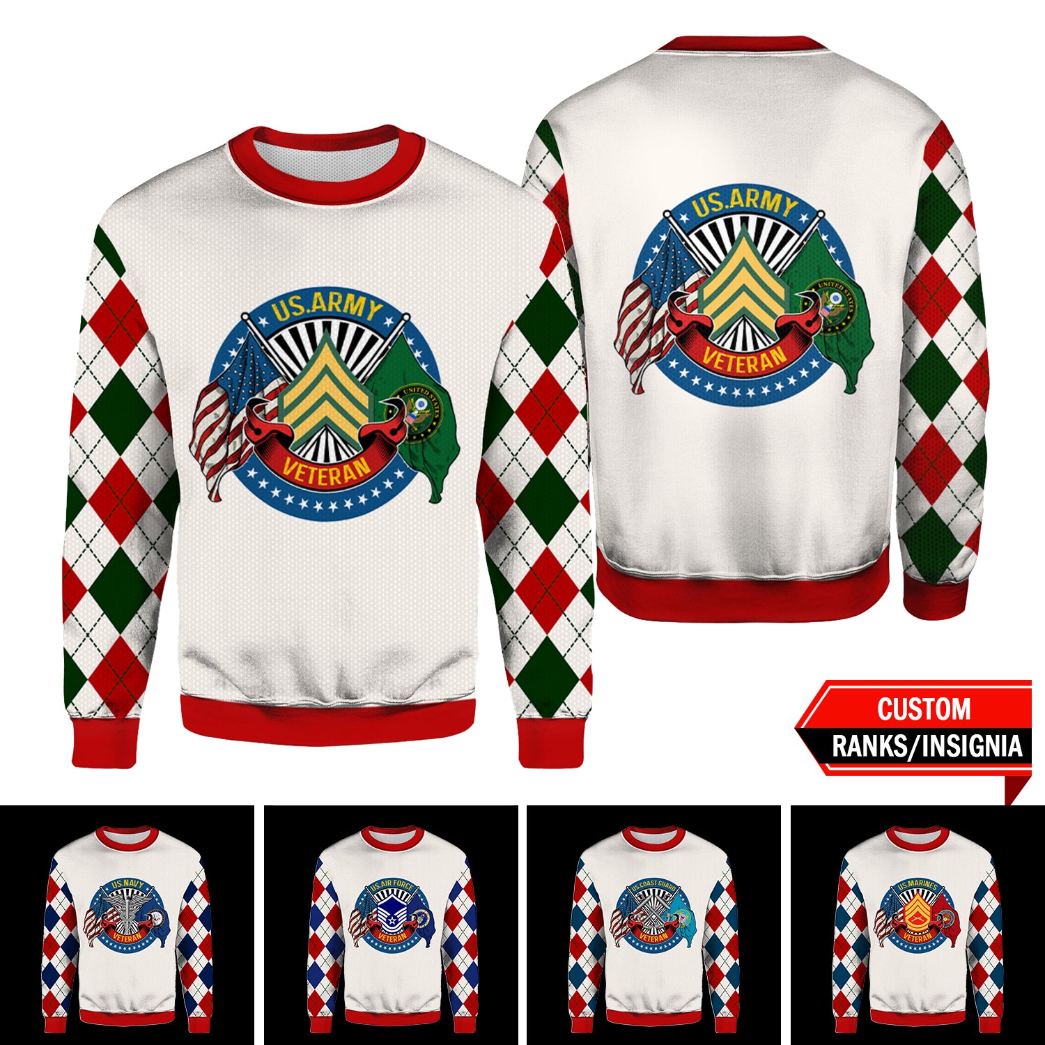 US Military Veteran Custom Ranks/Insignia 3D Ugly Sweater