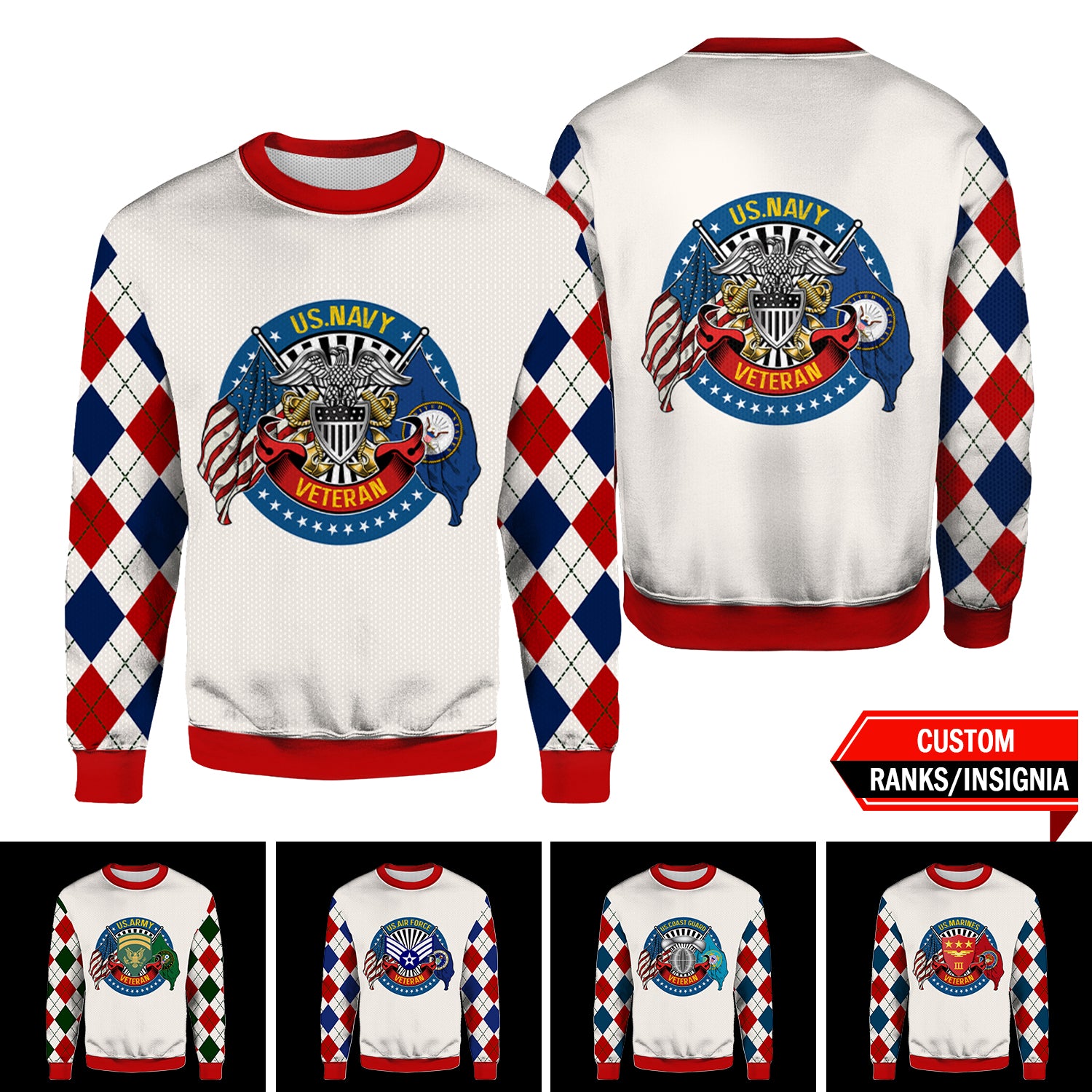 US Military Veteran Custom Ranks/Insignia 3D Ugly Sweater