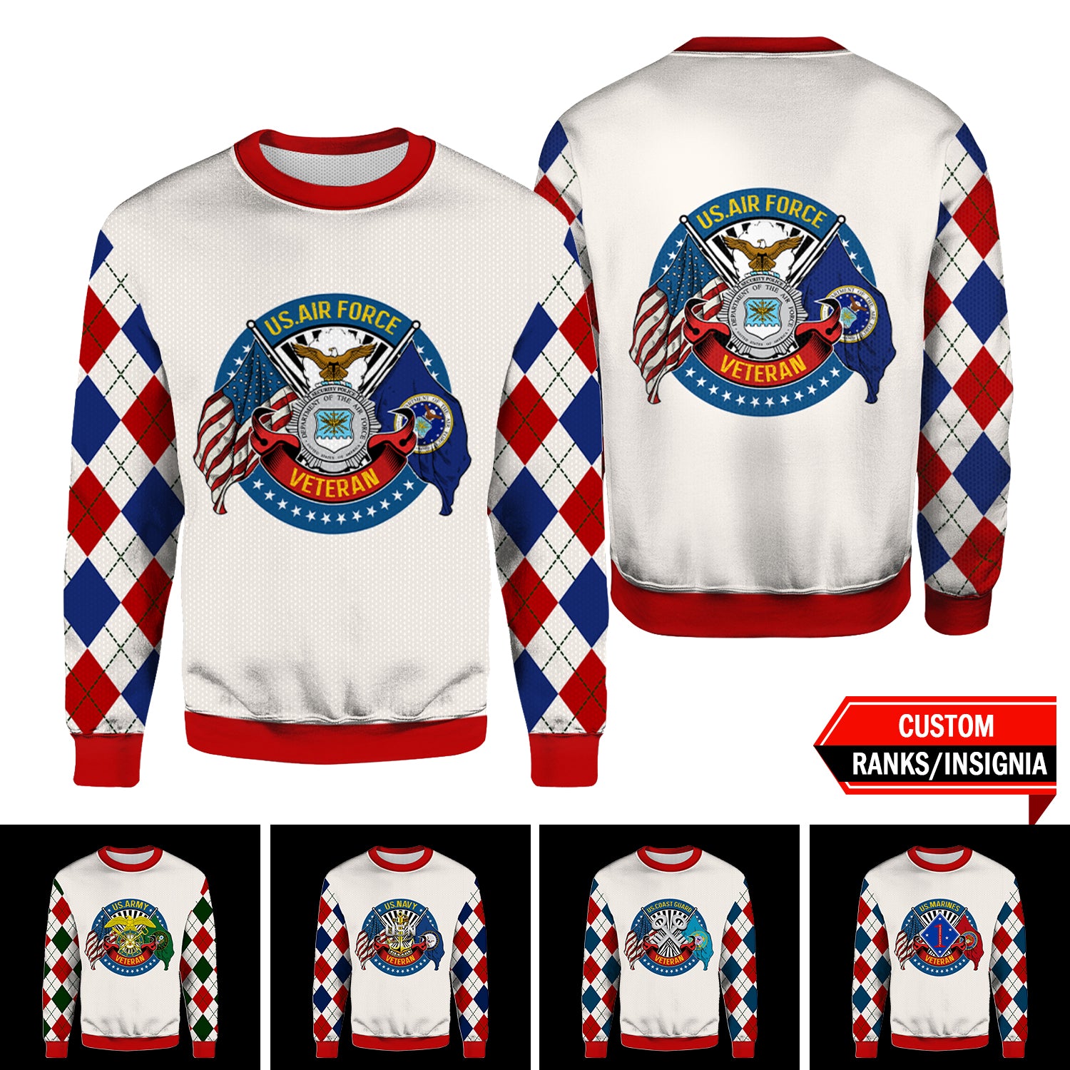 US Military Veteran Custom Ranks/Insignia 3D Ugly Sweater