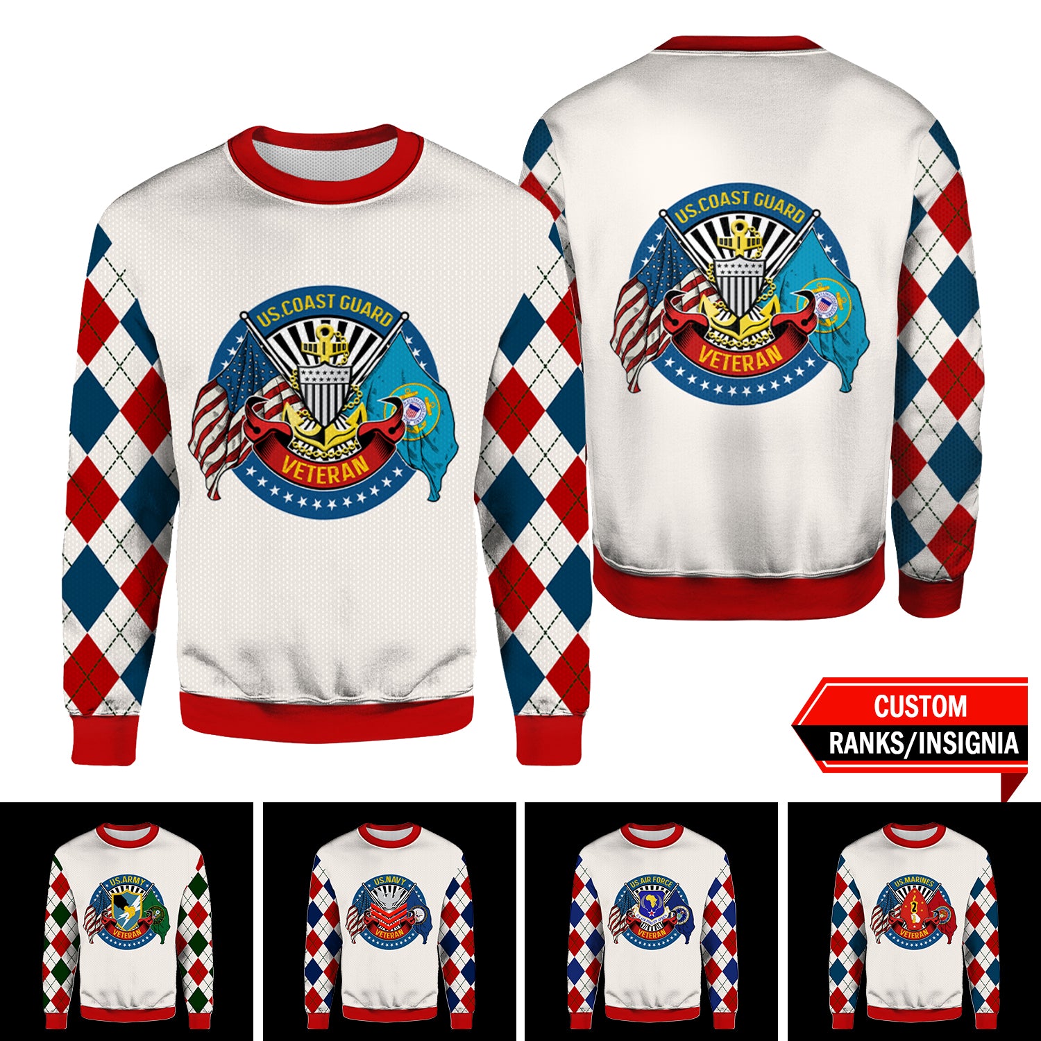 US Military Veteran Custom Ranks/Insignia 3D Ugly Sweater