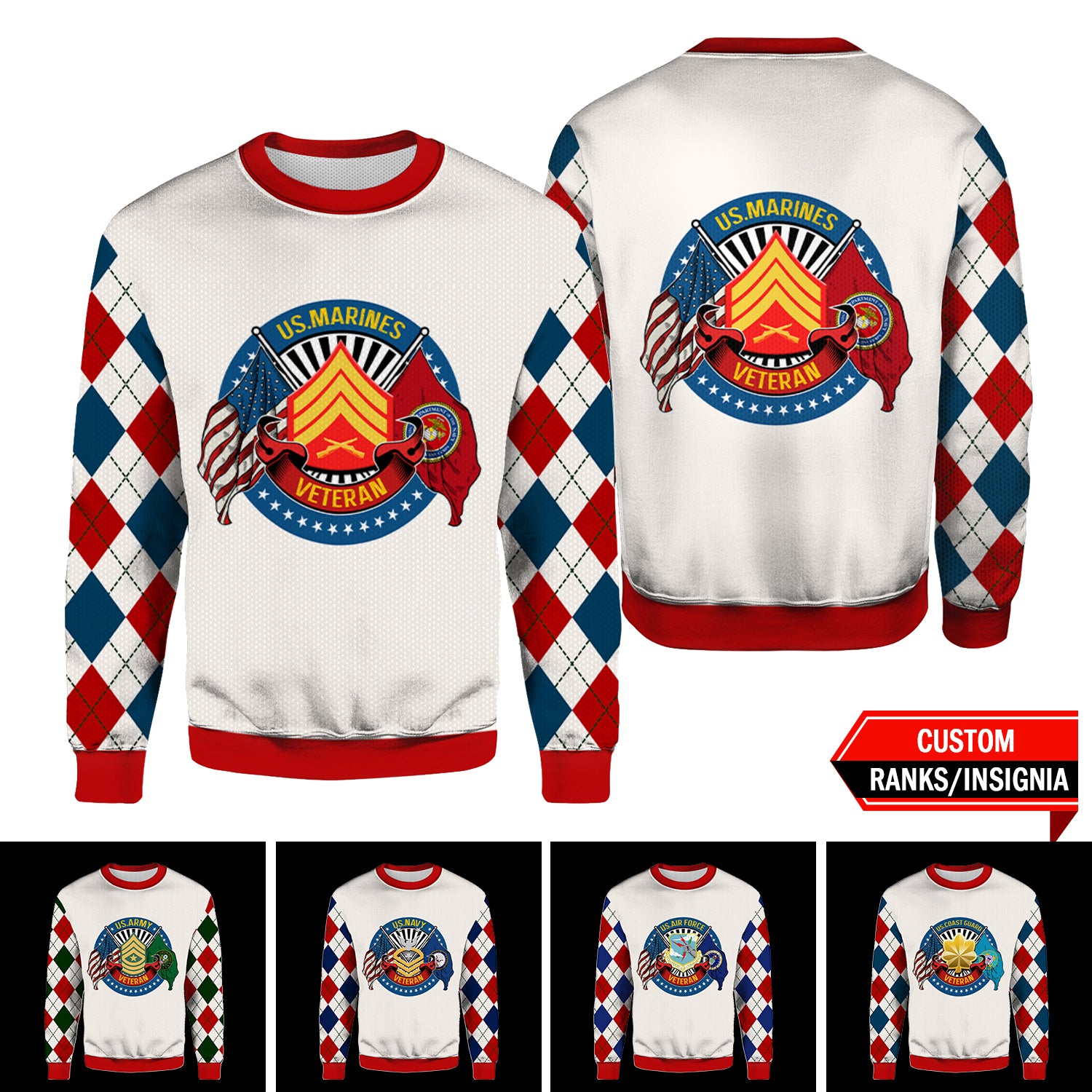 US Military Veteran Custom Ranks/Insignia 3D Ugly Sweater