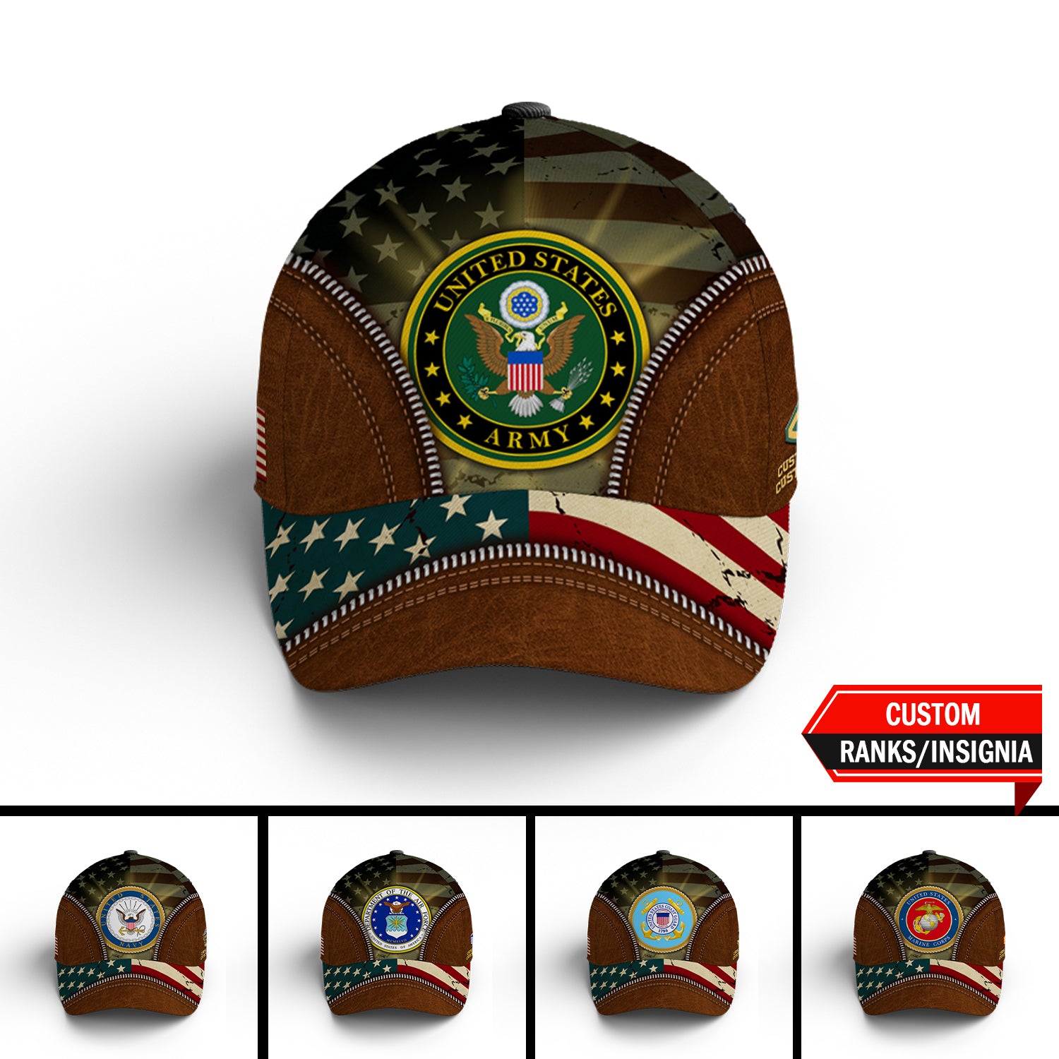 US Military Custom Ranks/Insignia, USA Flag, Personalized Name And Years Served All Over Prints Premium Classic Cap