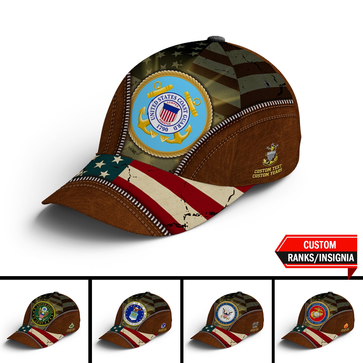 US Military Custom Ranks/Insignia, USA Flag, Personalized Name And Years Served All Over Prints Premium Classic Cap