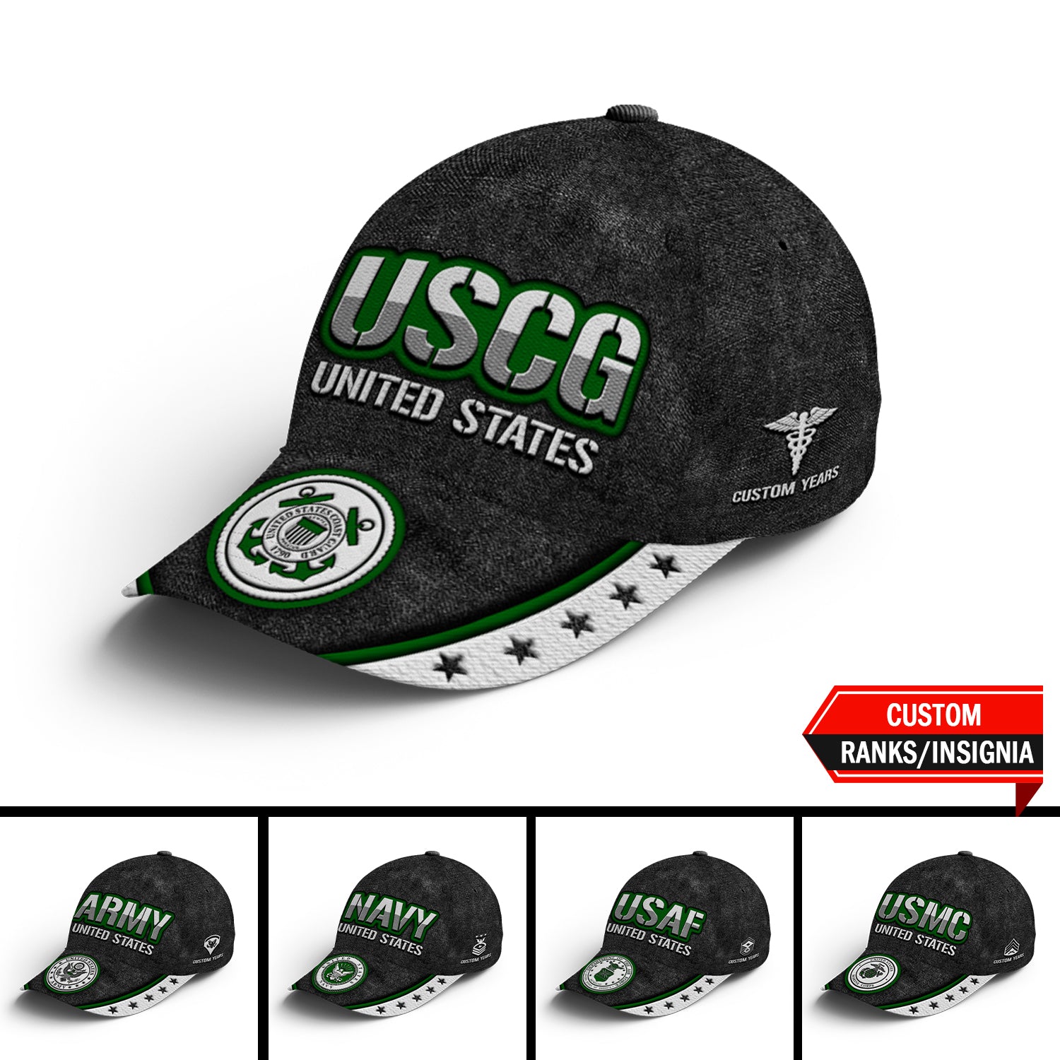 US Military Custom Ranks/Insignia, Personalized Name And Years Served All Over Prints Premium Classic Cap