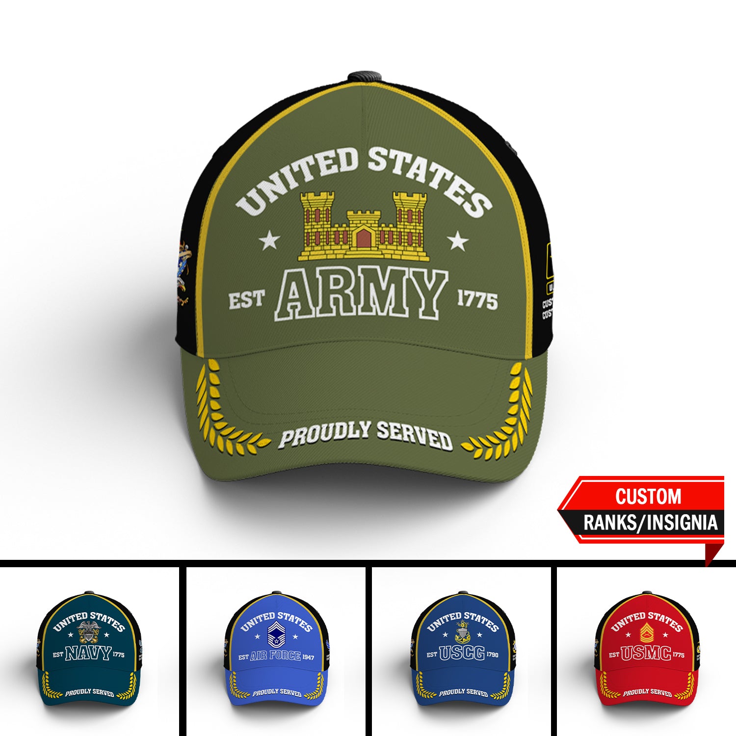 US Military Proudly Served Custom Ranks/Insignia, Personalized Name And Years Served All Over Prints Premium Classic Cap