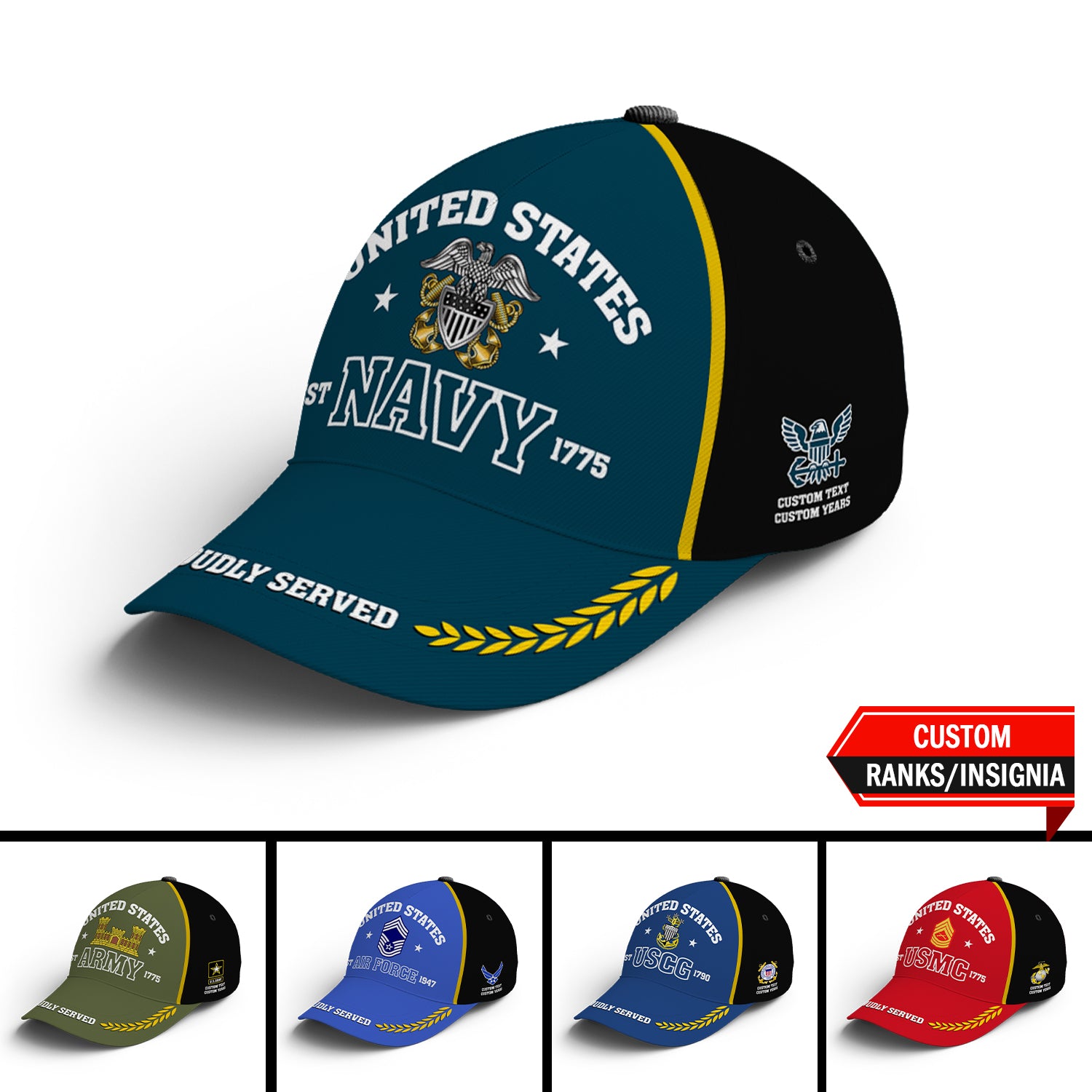 US Military Proudly Served Custom Ranks/Insignia, Personalized Name And Years Served All Over Prints Premium Classic Cap