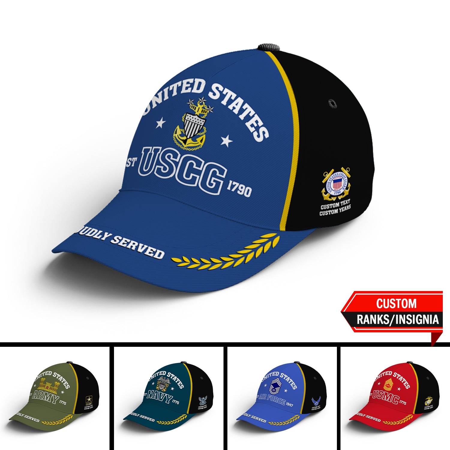 US Military Proudly Served Custom Ranks/Insignia, Personalized Name And Years Served All Over Prints Premium Classic Cap