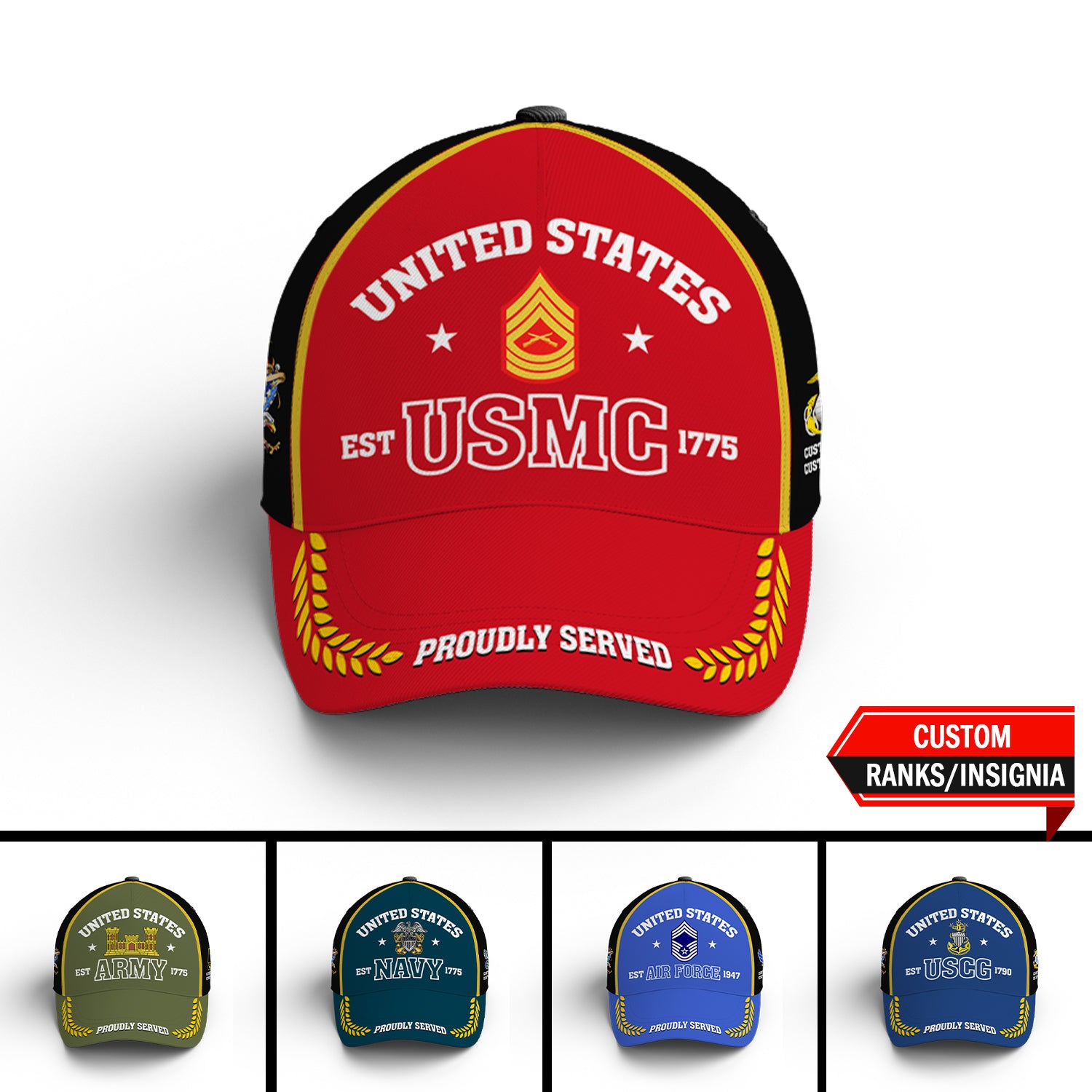 US Military Proudly Served Custom Ranks/Insignia, Personalized Name And Years Served All Over Prints Premium Classic Cap