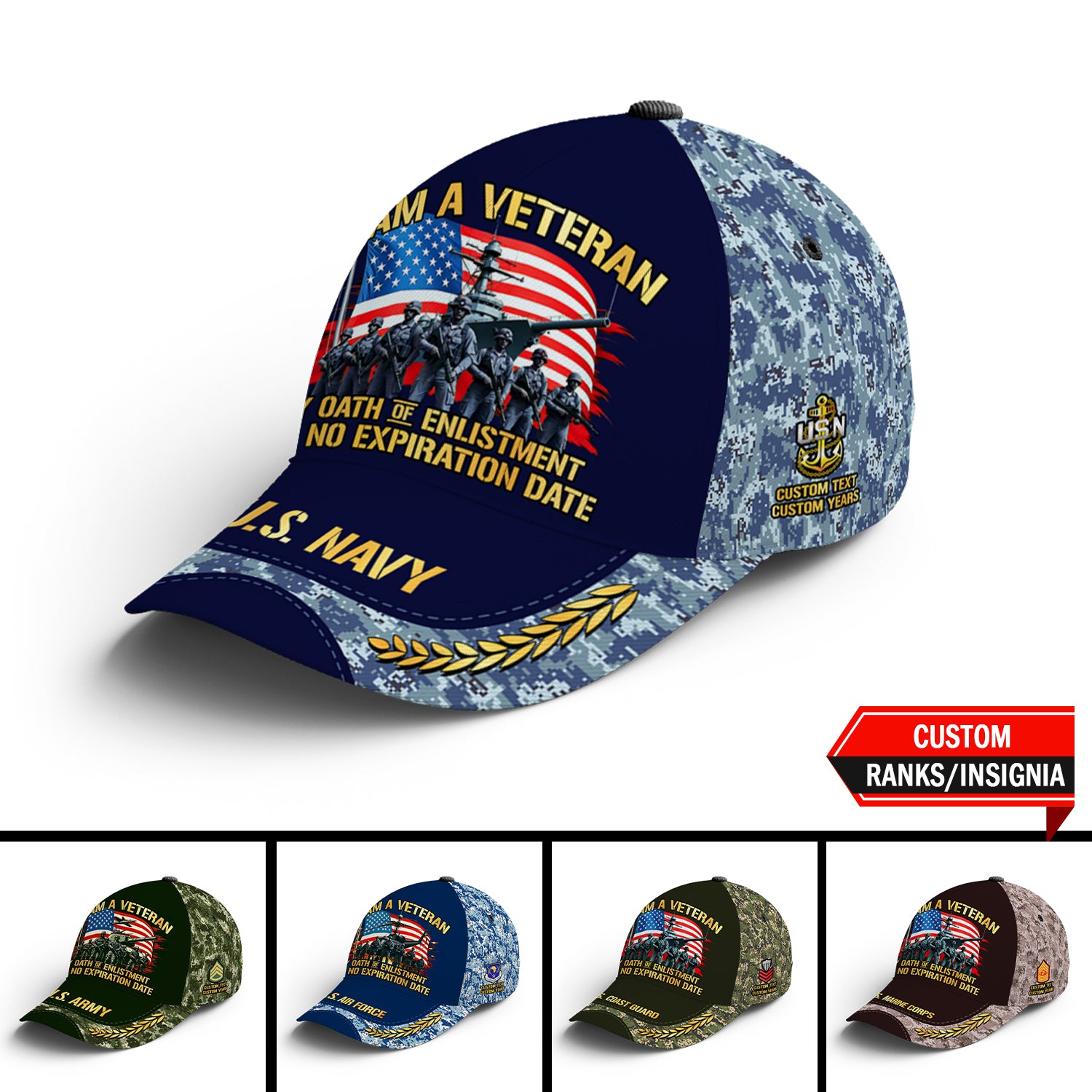 Custom Ranks/Insignia, Personalized Name And Years Served All Over Prints Premium Classic Cap JAOVC11