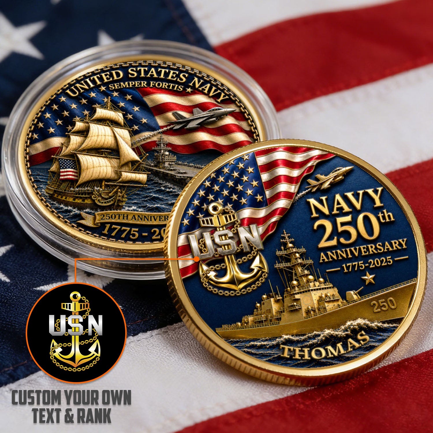 Personalized U.S.Navy 250th Anniversary Tank Challenge Coin