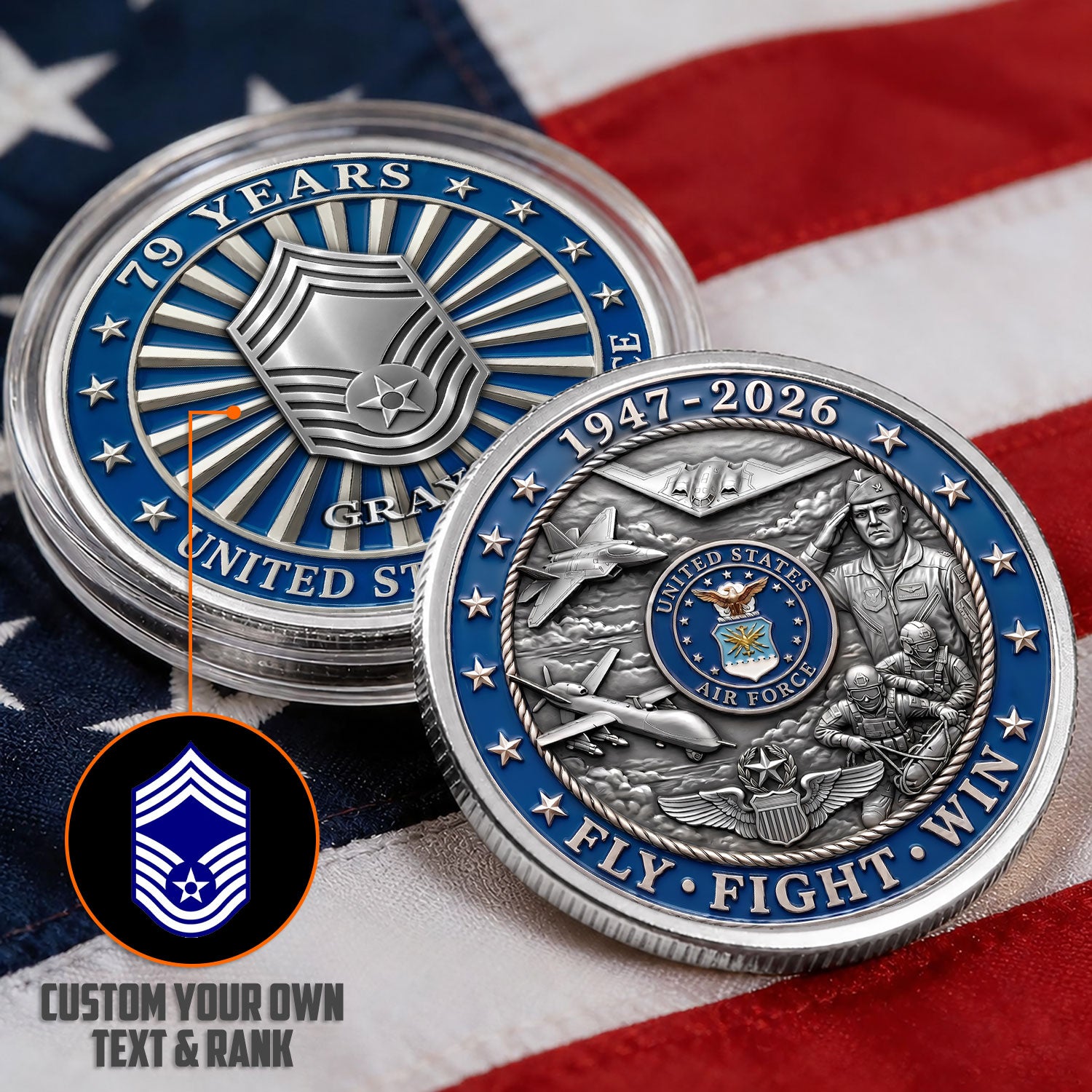 USA 250 Air Force Veteran Custom Text Rank Military 3D Challenge Coin