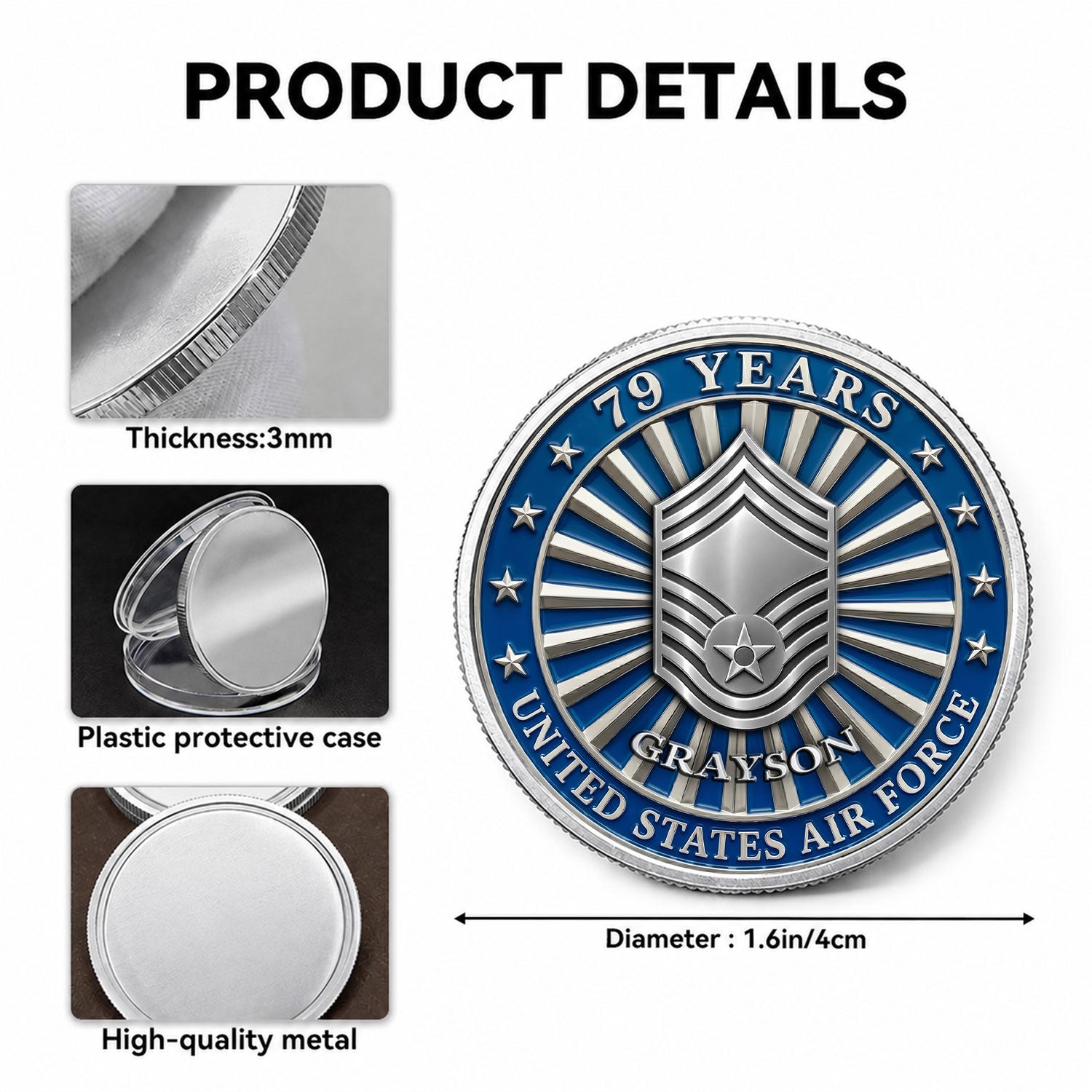 USA 250 Air Force Veteran Custom Text Rank Military 3D Challenge Coin