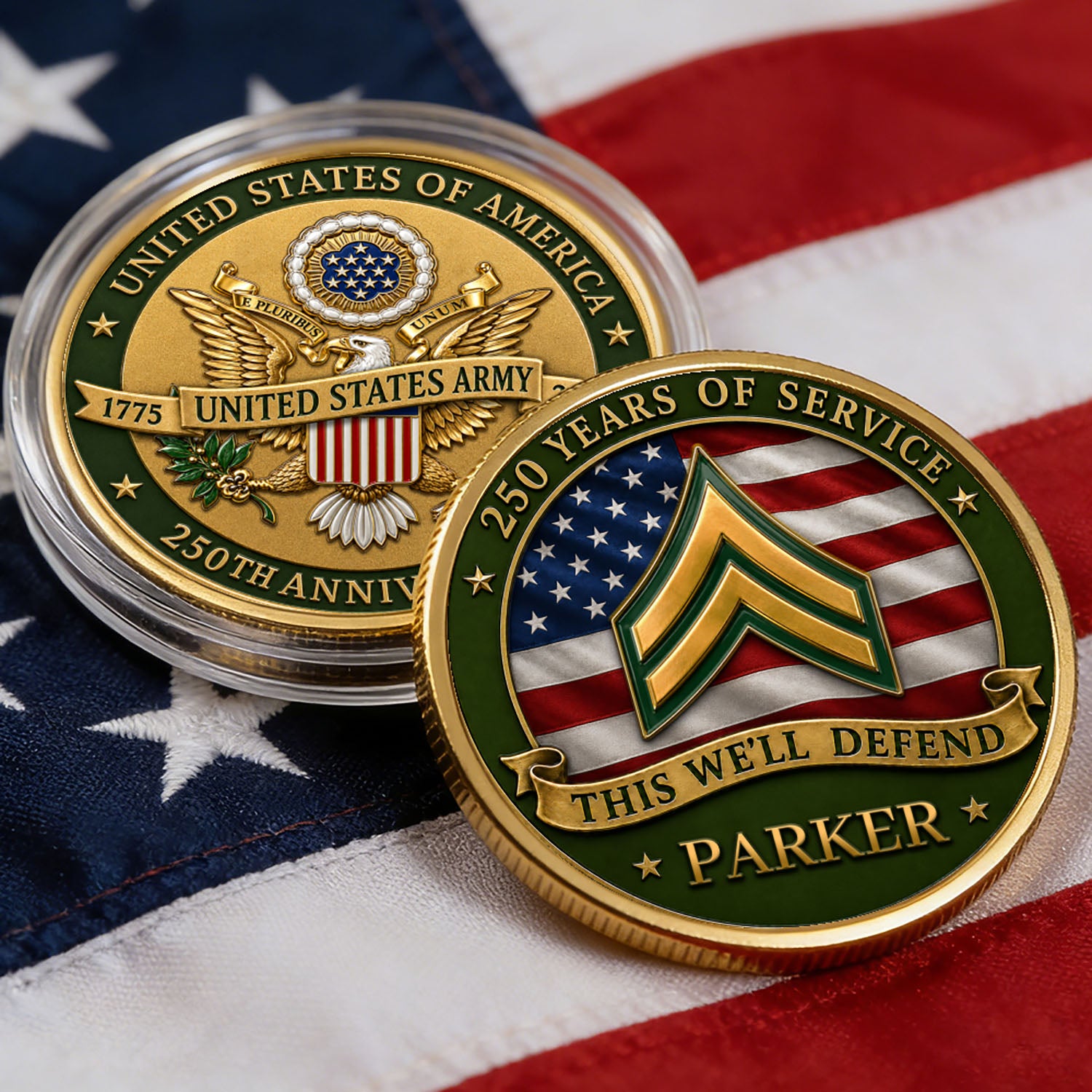 USA 250 Army Custom Name Rank 3D Challenge Coin Veteran Gift