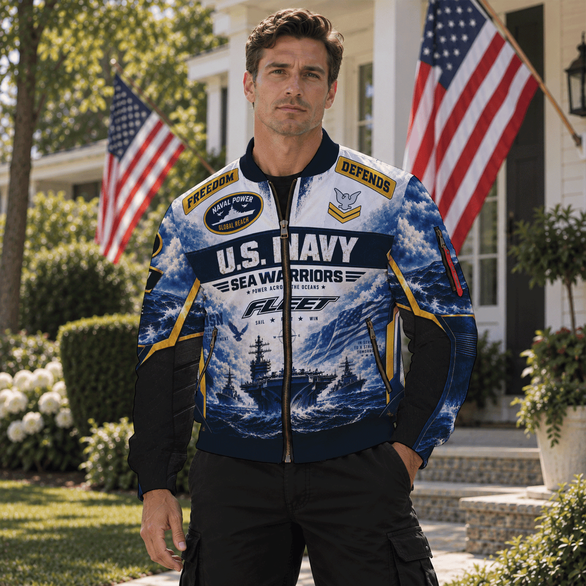 Custom U.S. Navy Military Bomber Jacket with Personalized Rank Text