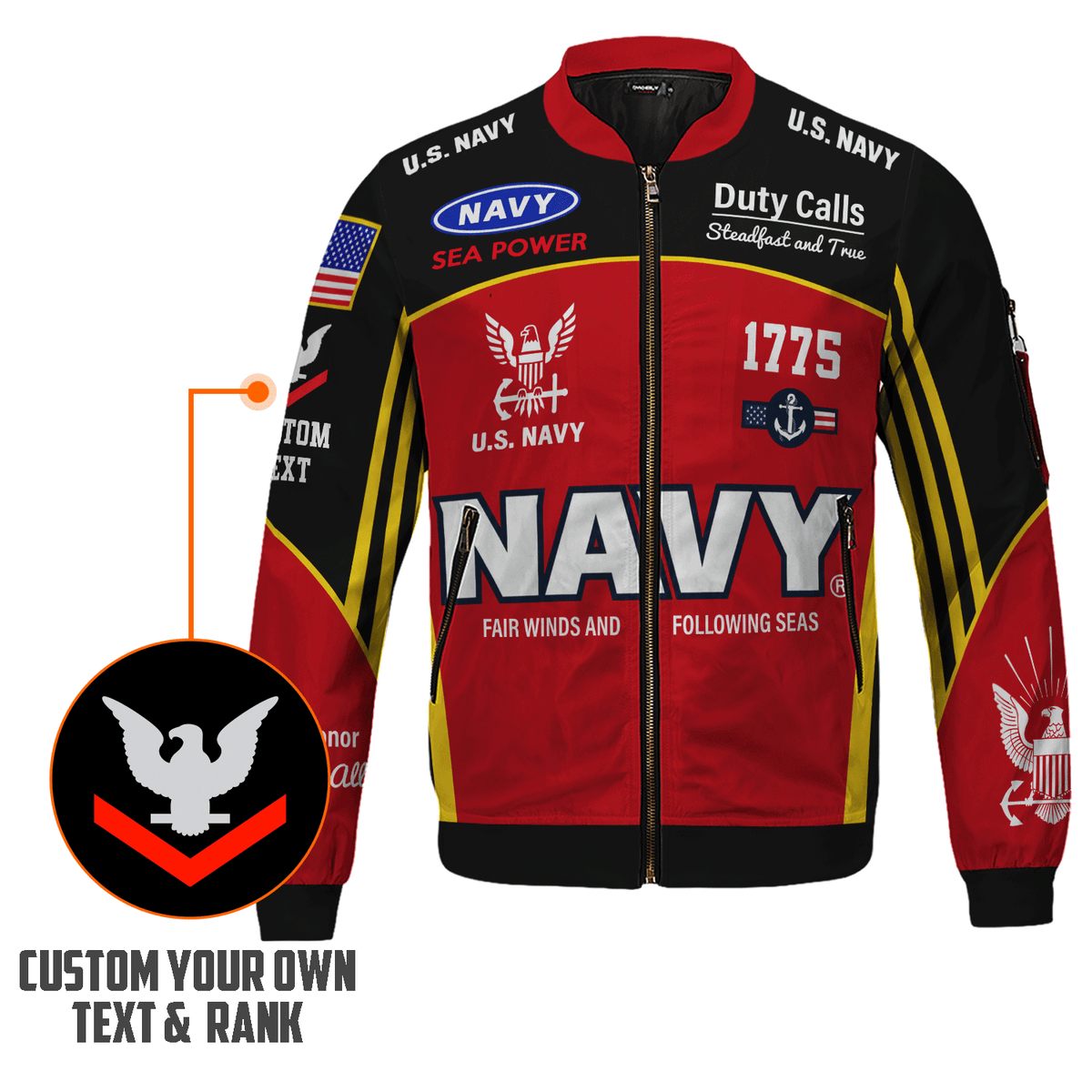 Custom Navy Military Bomber Jacket with Personalized Name & Service Rank