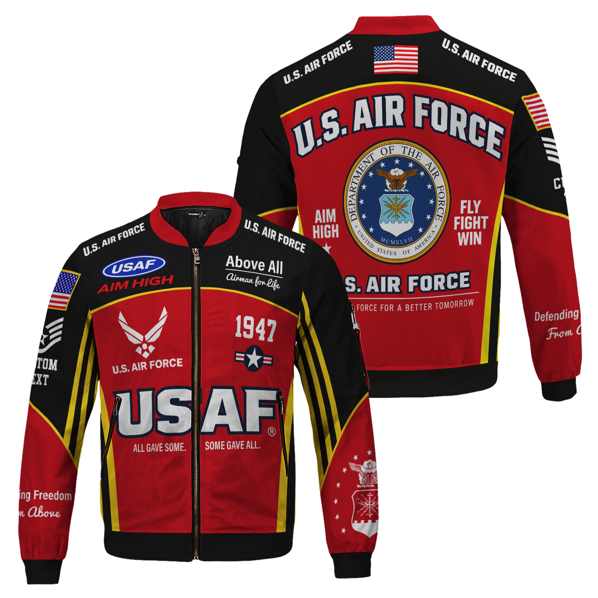 Personalized USAF Bomber Jacket Custom Airman Rank Name Veteran Apparel