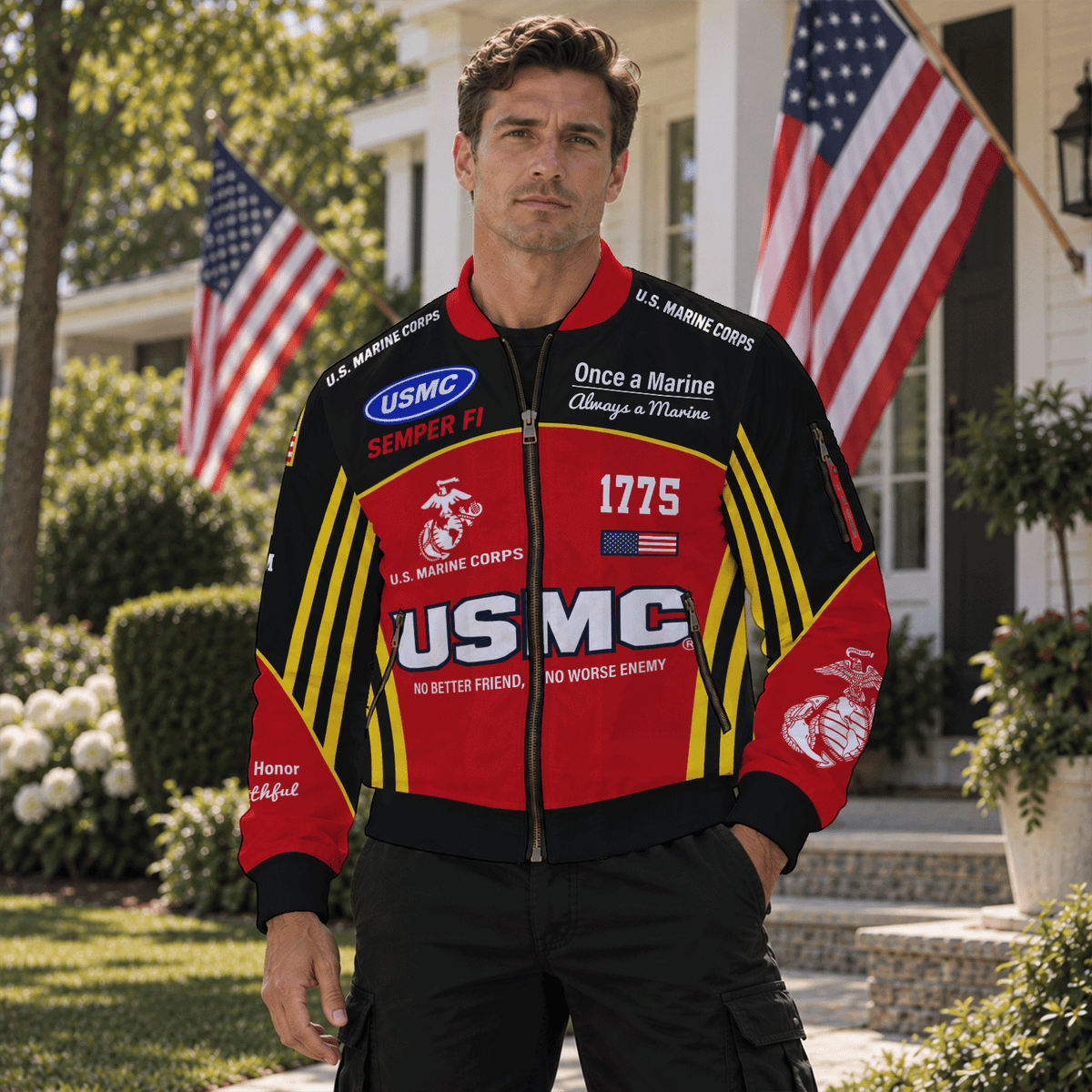 U.S. Marine Corps Military Bomber Jacket Custom Name Rank for Veterans