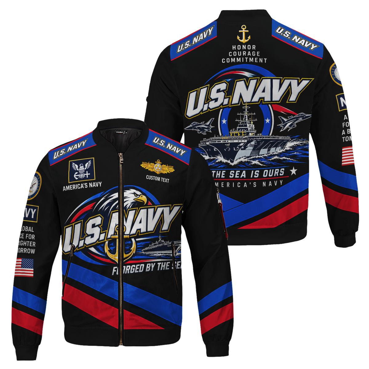 U.S. Navy Veteran All-Over Print Bomber Jacket Custom Rank & Text