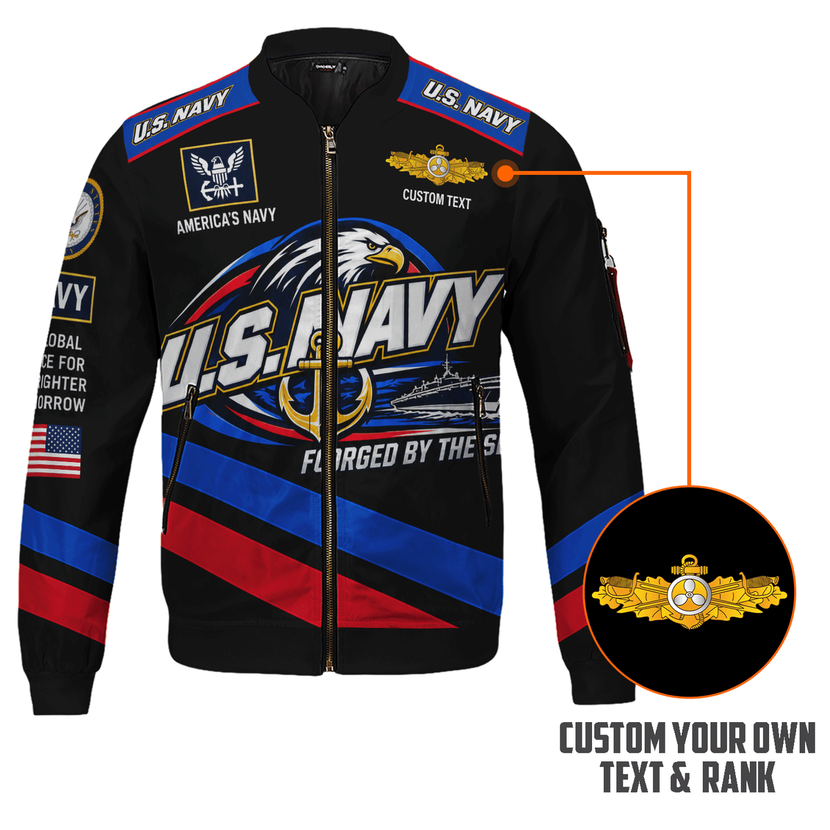 U.S. Navy Veteran All-Over Print Bomber Jacket Custom Rank & Text