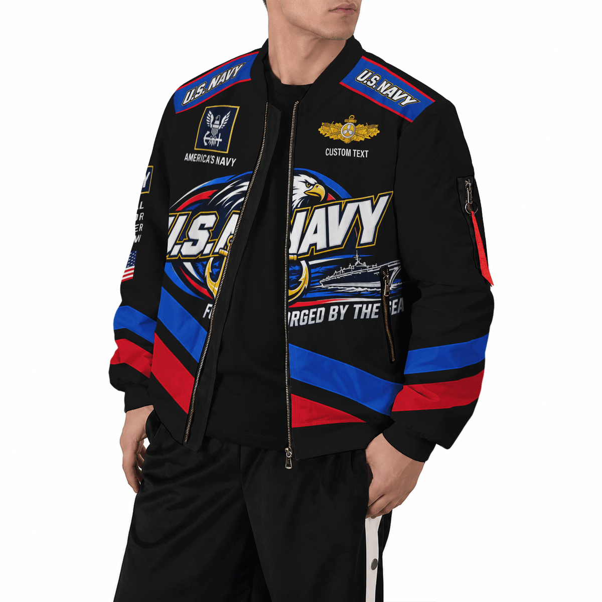 U.S. Navy Veteran All-Over Print Bomber Jacket Custom Rank & Text