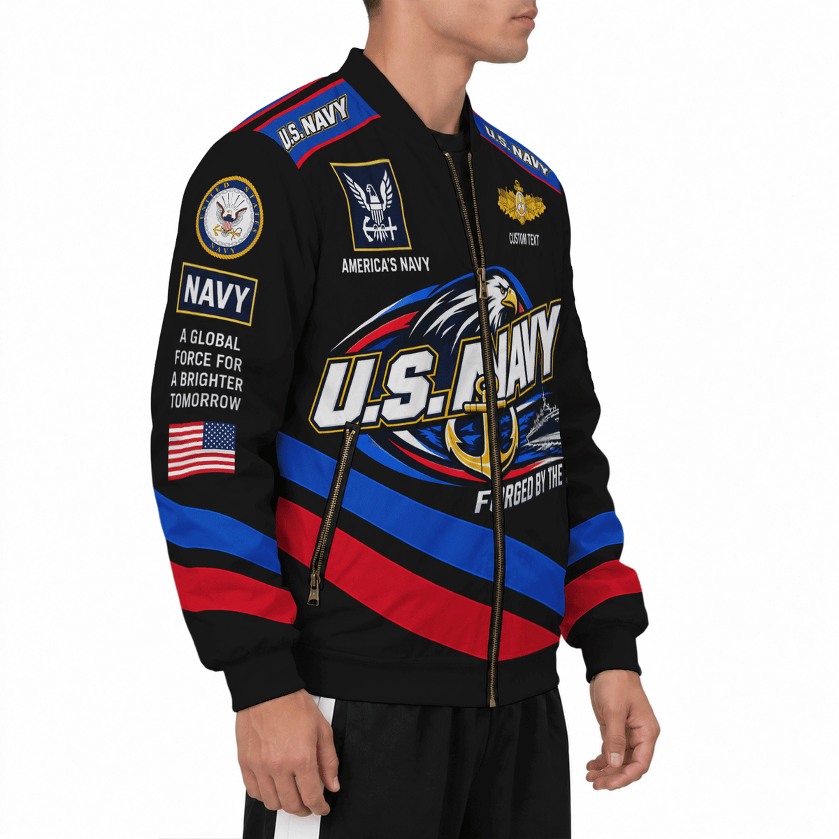 U.S. Navy Veteran All-Over Print Bomber Jacket Custom Rank & Text