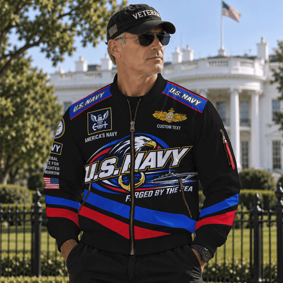 U.S. Navy Veteran All-Over Print Bomber Jacket Custom Rank & Text