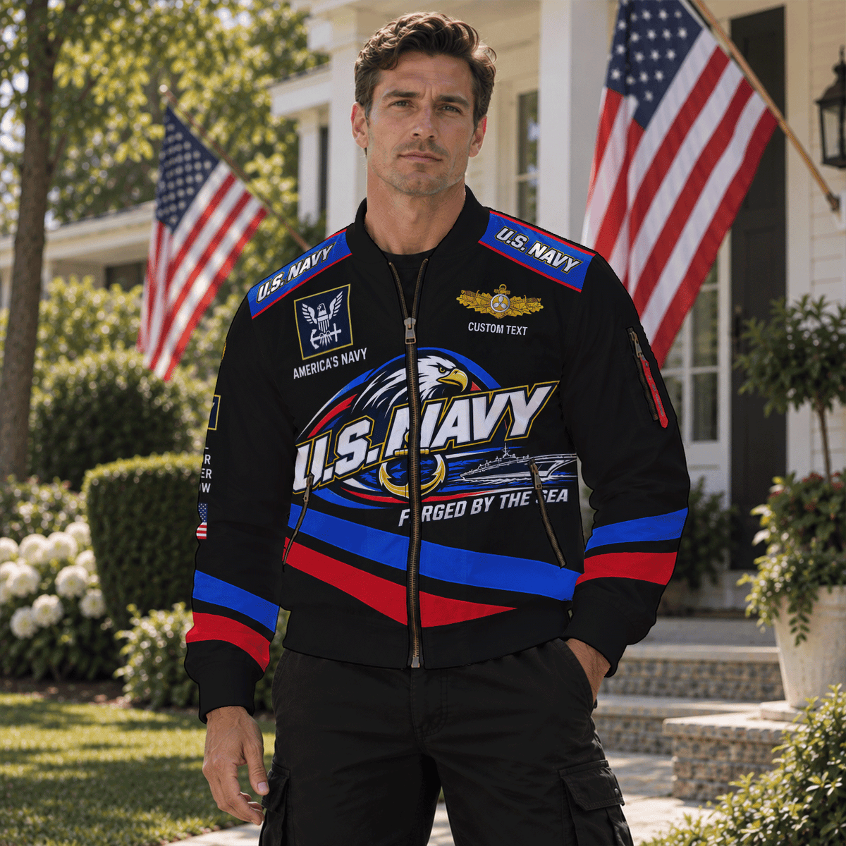 U.S. Navy Veteran All-Over Print Bomber Jacket Custom Rank & Text