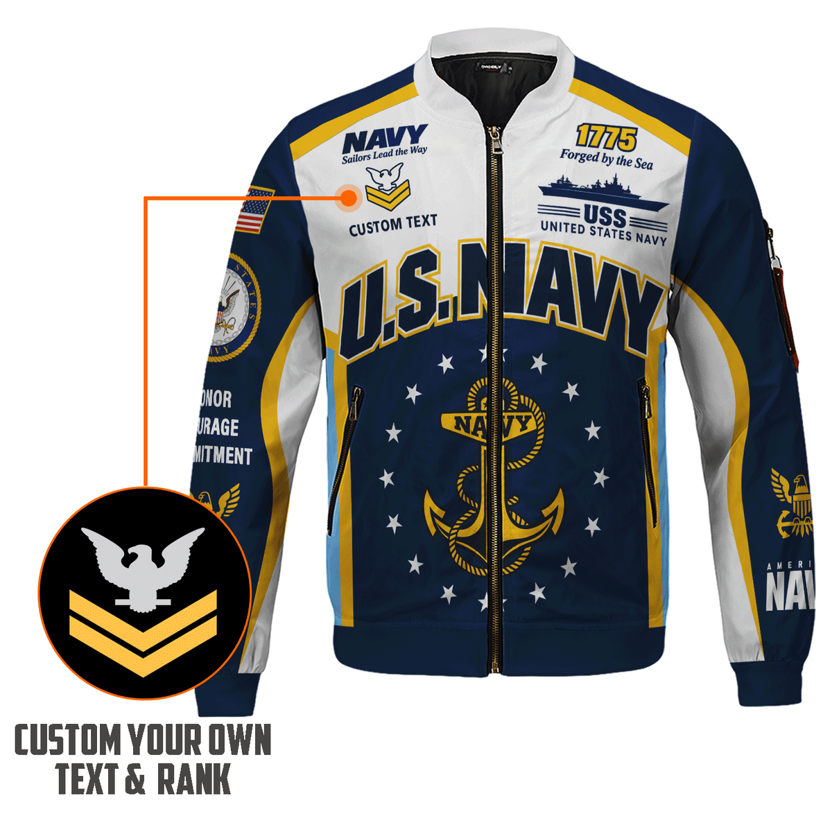 US Navy Sailor Veteran Bomber Jacket Custom Name Rank Personalized Apparel