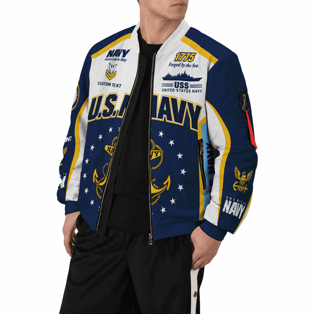 US Navy Sailor Veteran Bomber Jacket Custom Name Rank Personalized Apparel