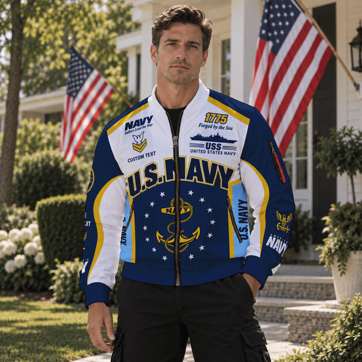 US Navy Sailor Veteran Bomber Jacket Custom Name Rank Personalized Apparel