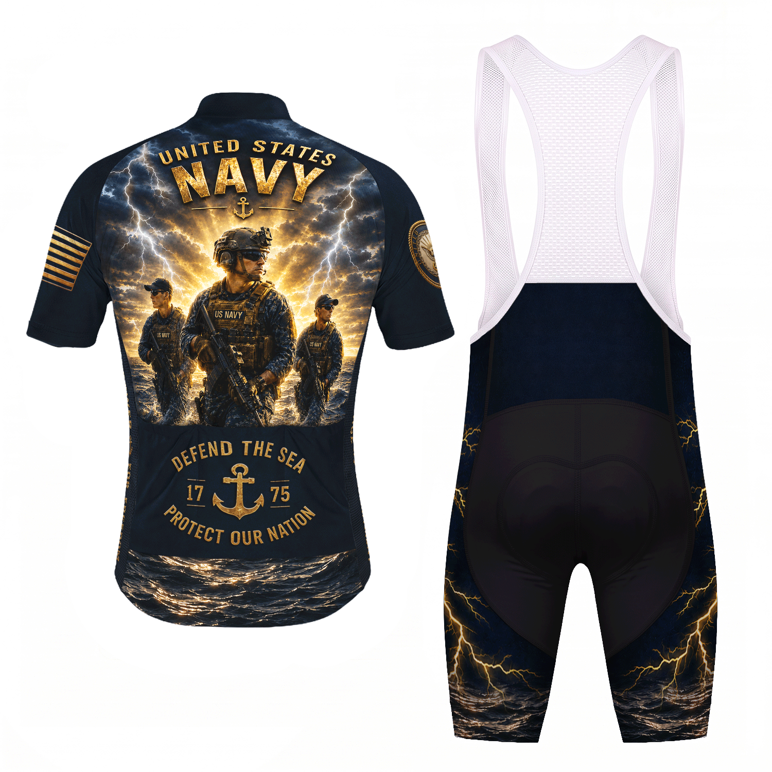 Custom Navy Cycling Jersey Personalized Veteran Name Rank Cycling Shirt