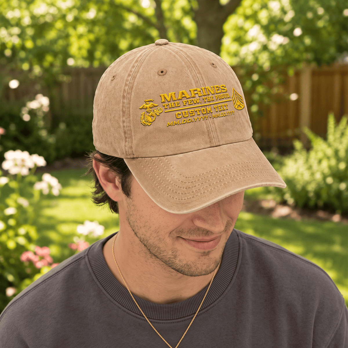 Personalized Marine Corps Washed Hat Custom Military Rank and Text