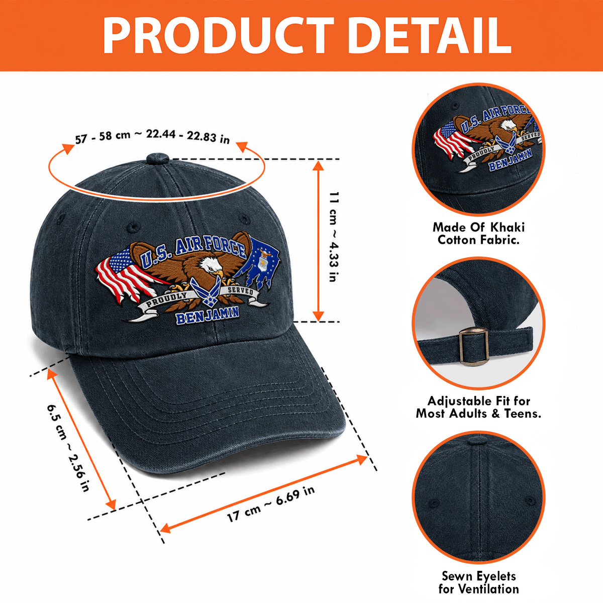Personalized Air Force Washed Hat Custom Military Rank and Text