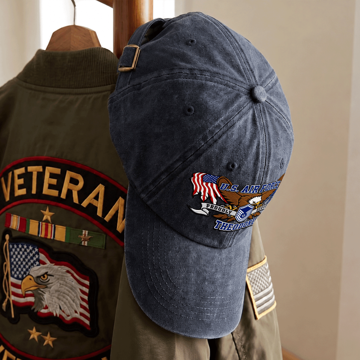 Personalized Air Force Washed Hat Custom Military Rank and Text
