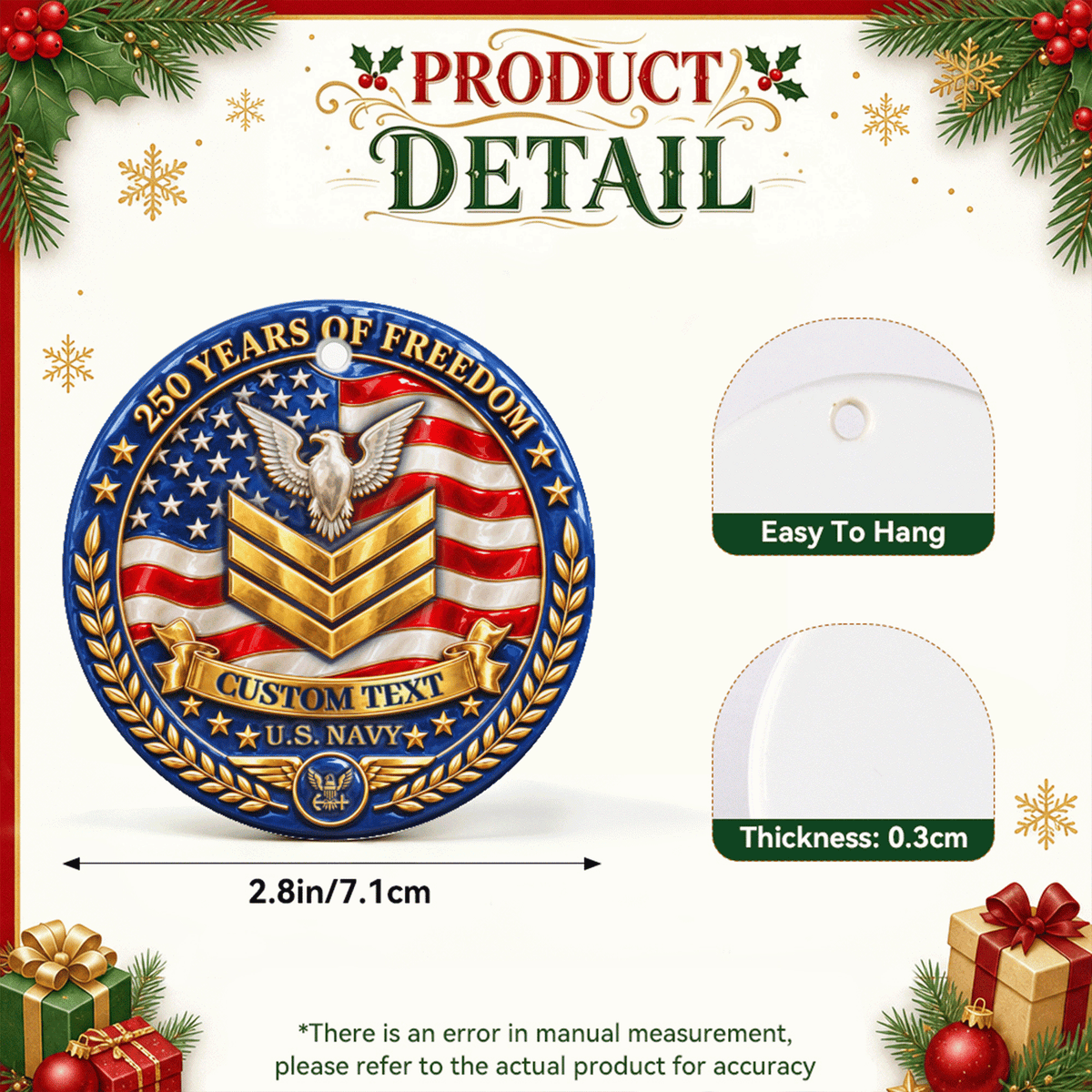 U.S. Navy 3D Relief Ornament Custom Military Rank and Custom Text