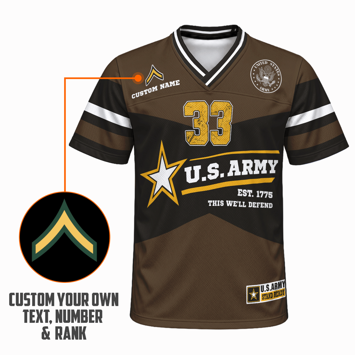 Custom Army Sports Jersey Personalized Rank Name and Jersey Number for Veterans and Soldiers