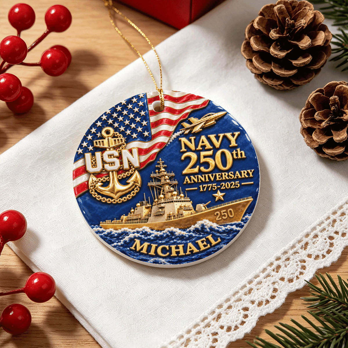 Custom U.S. Navy Ceramic Ornament Personalized Military Rank and Text