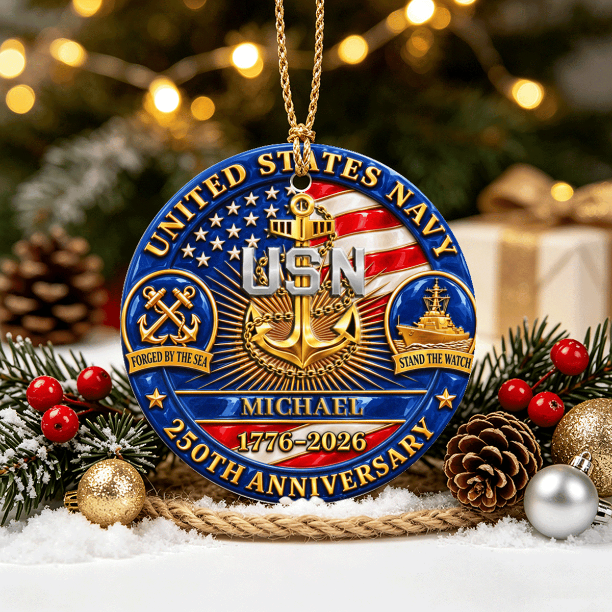 U.S. Marine Corps Ceramic Ornament Personalized Rank Text Veteran Gift