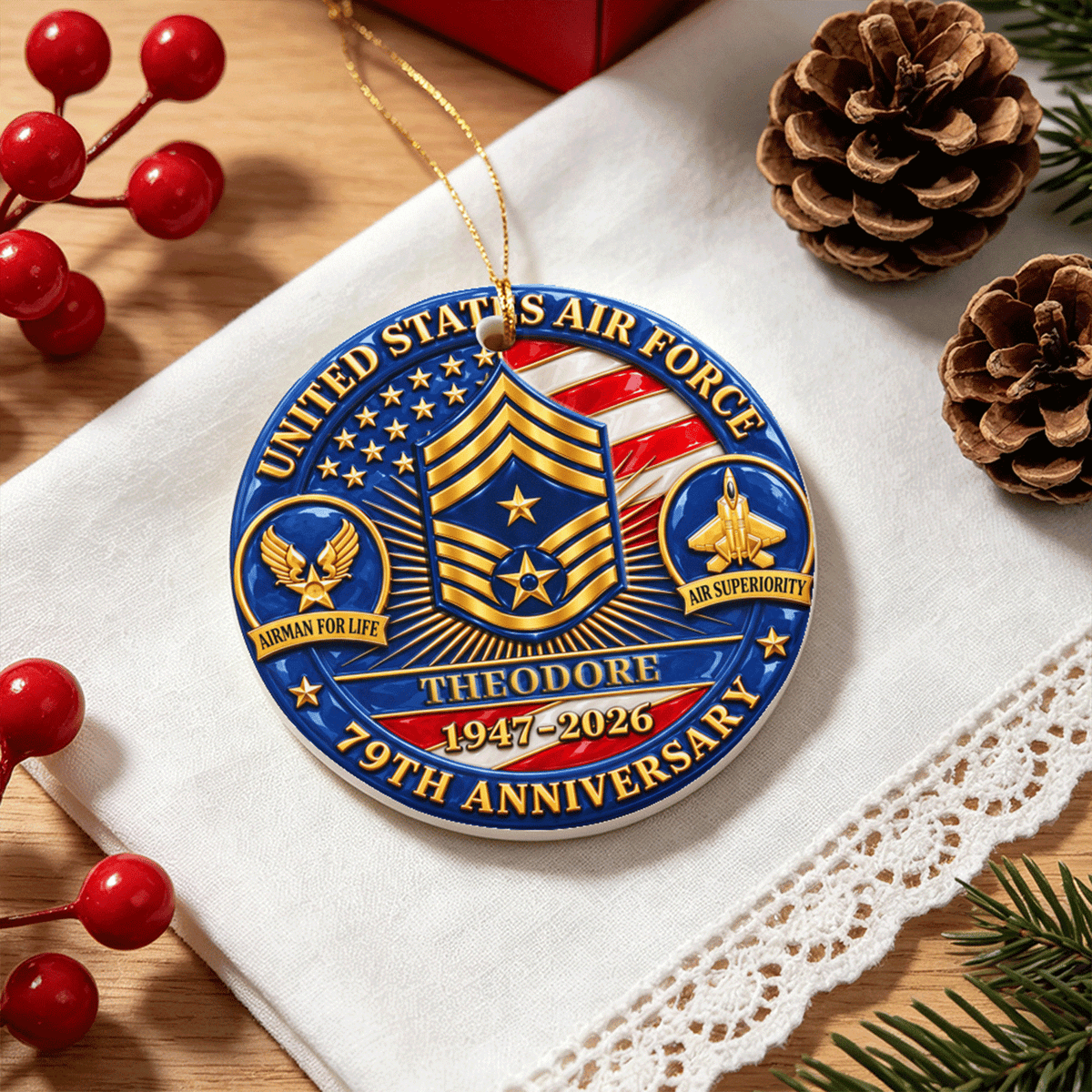 U.S. Marine Corps Ceramic Ornament Personalized Rank Text Veteran Gift