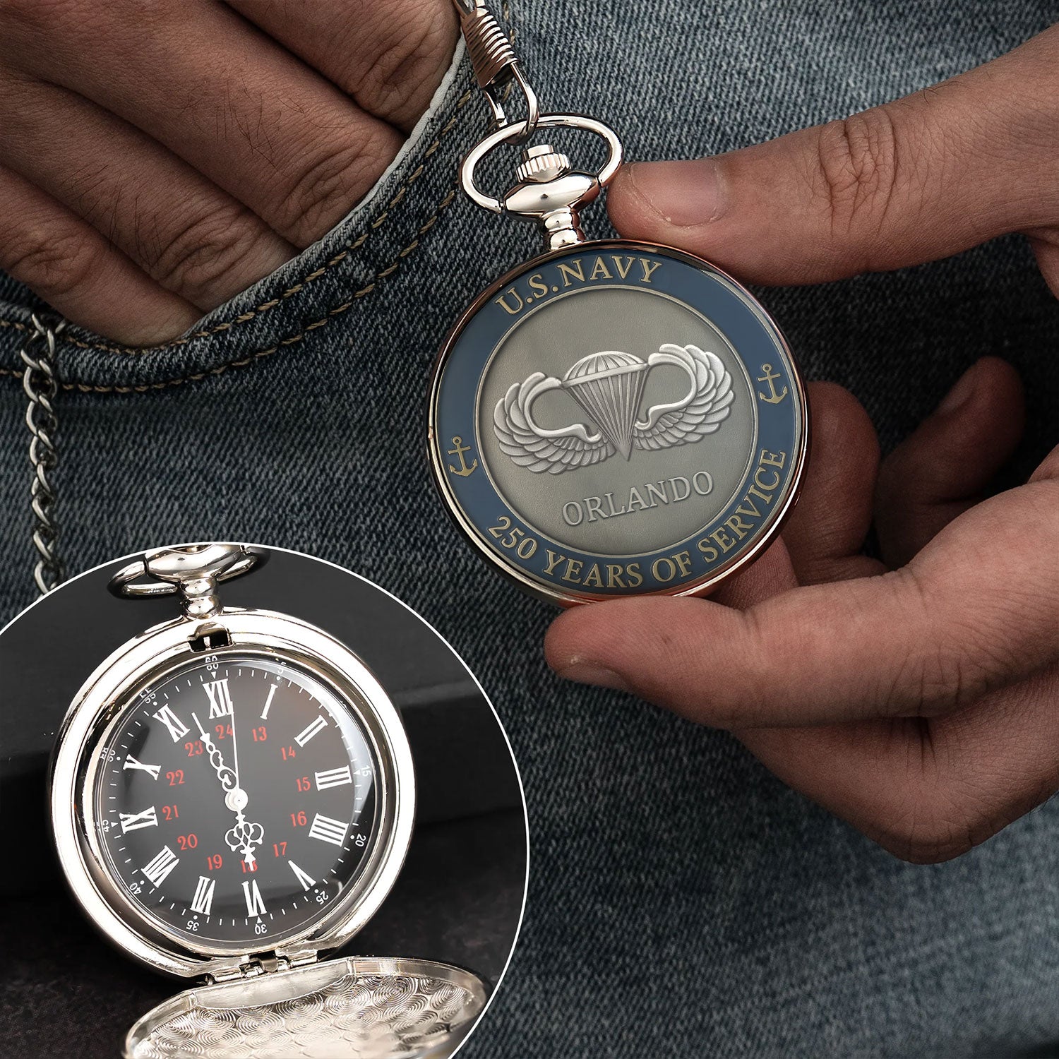 Personalized US Navy 250 Years Of Service Pocket Watch