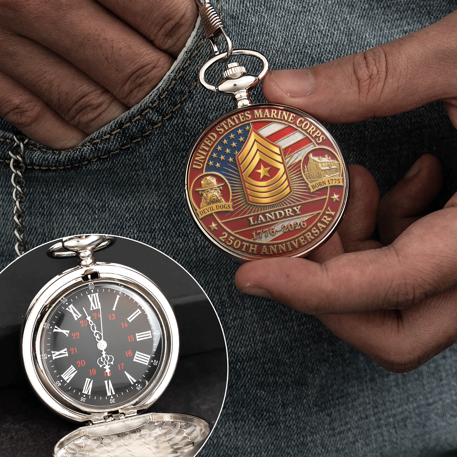 Personalized Marine Pocket Watch Veteran Retirement Gift